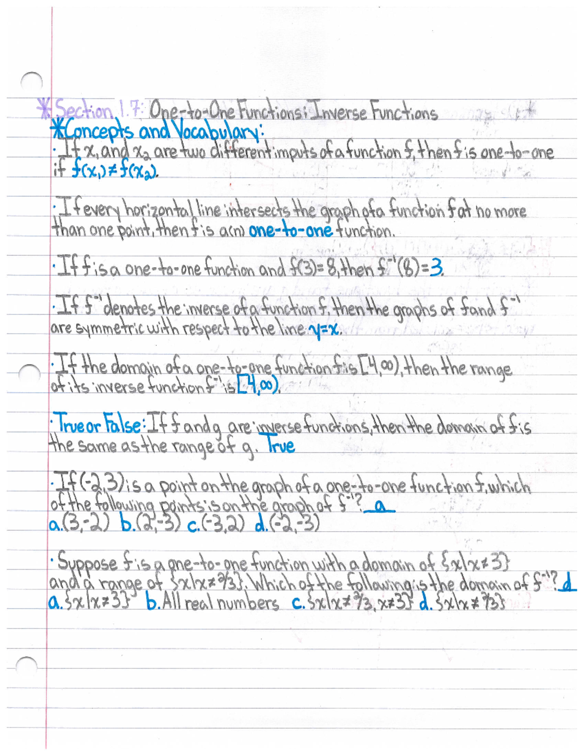 Section 1.7 Notes - Citisection 1: One to One Functions: Inverse ...