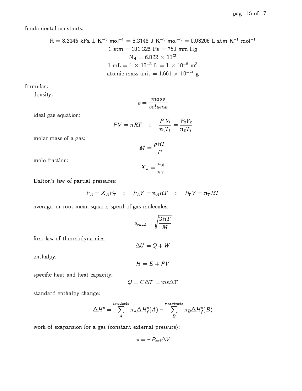 Cheat sheet - page 15 of 17 fundamental constants: R = 8 kPa L K− 1 mol ...