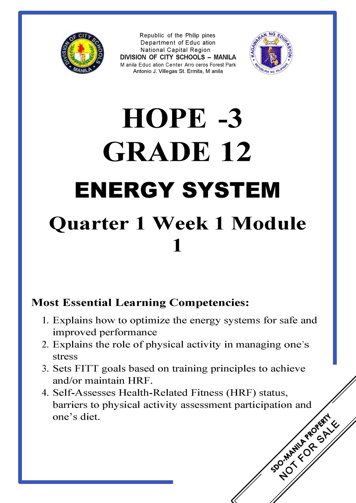 HOPE 3 Q1 W1 Mod1 - Intended In PE Of SHS - Republic Of The Philip ...