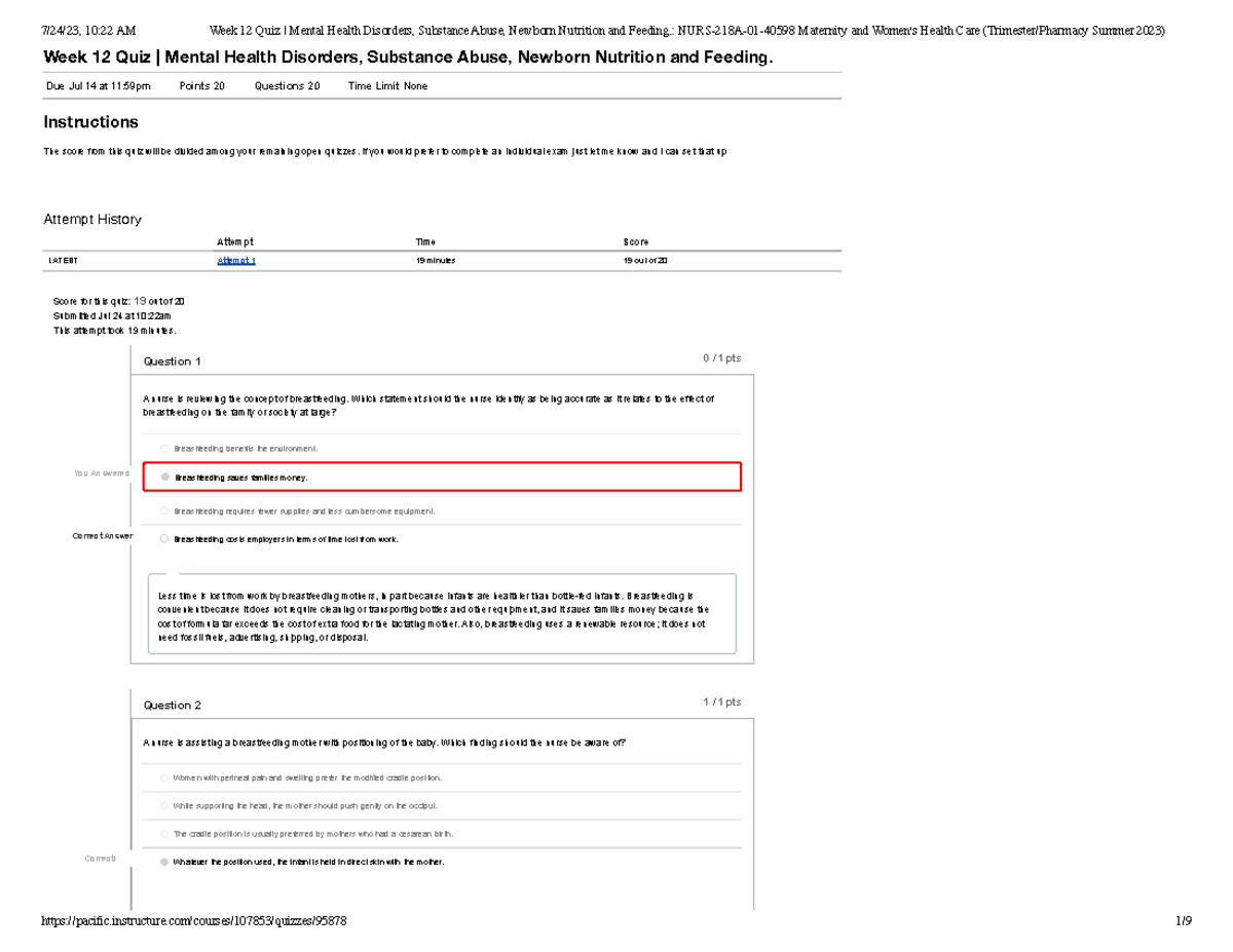 Quiz 12 Maternity Quiz Week 12 Quiz Mental Health Disorders