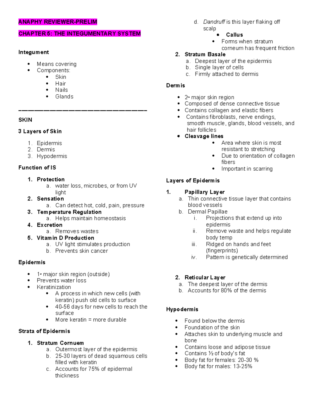 Chapter 5 - ........ - ANAPHY REVIEWER-PRELIM CHAPTER 5: THE ...