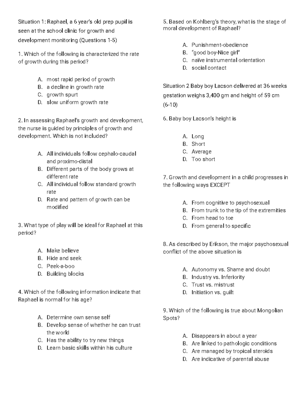 Pediatric - Samplex - hhhh - Situation 1: Raphael, a 6 year’s old prep ...