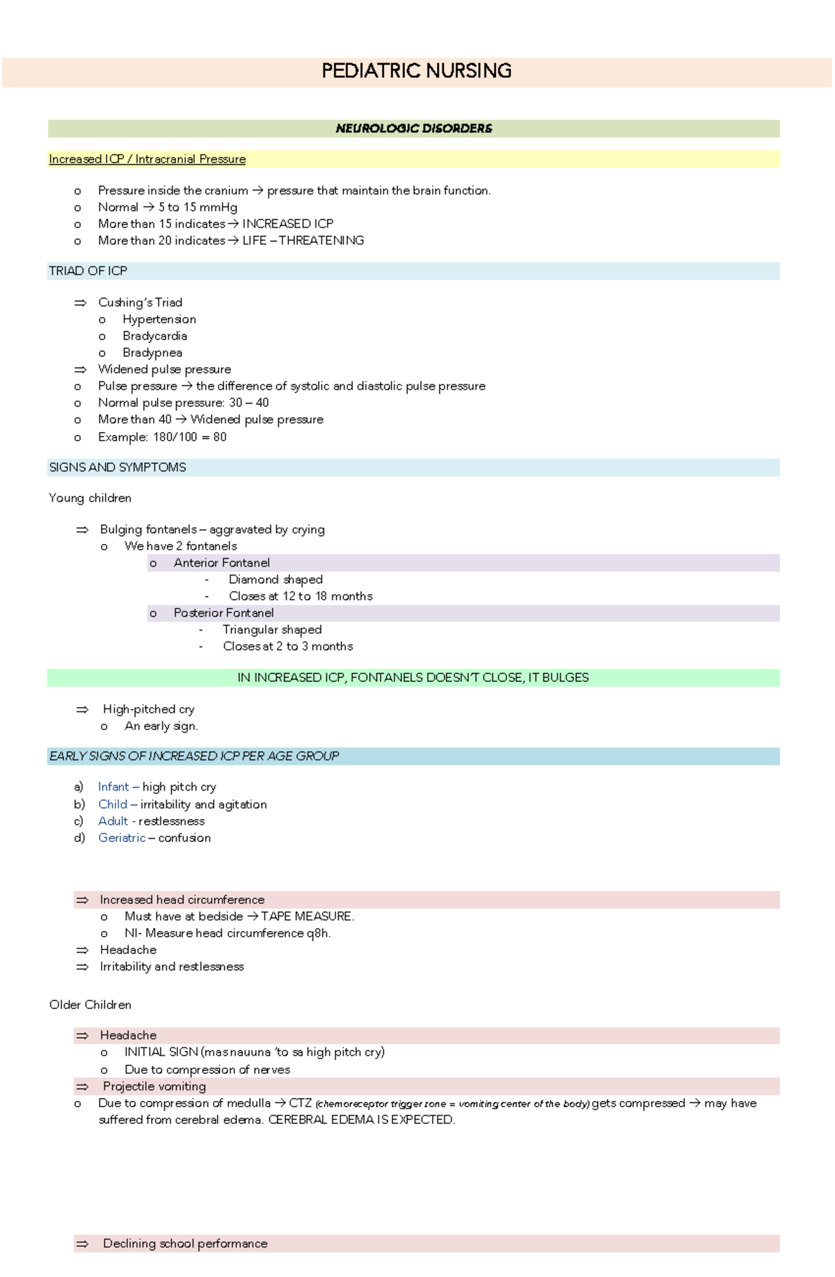 Pedia - NEUROLOGIC DISORDERS Increased ICP / Intracranial Pressure O ...