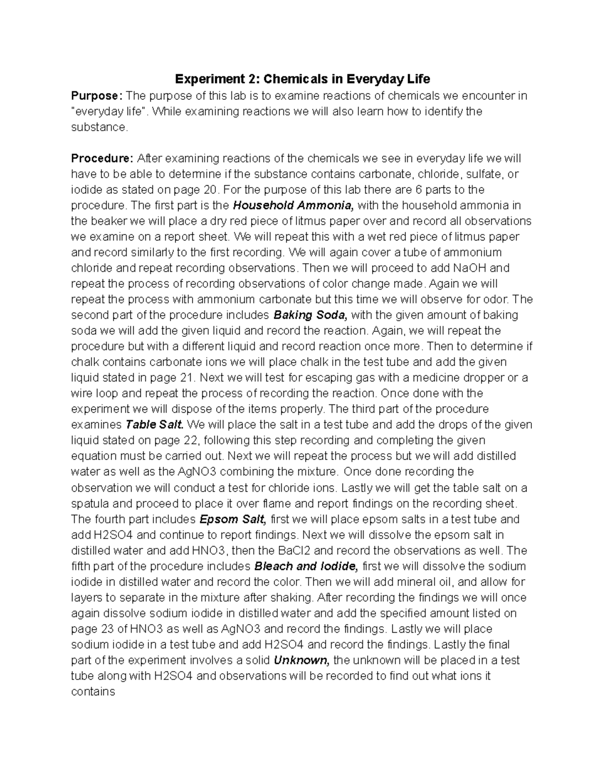 Lab Summary Experiment 2 Chemicals in Everyday Life Experiment 2