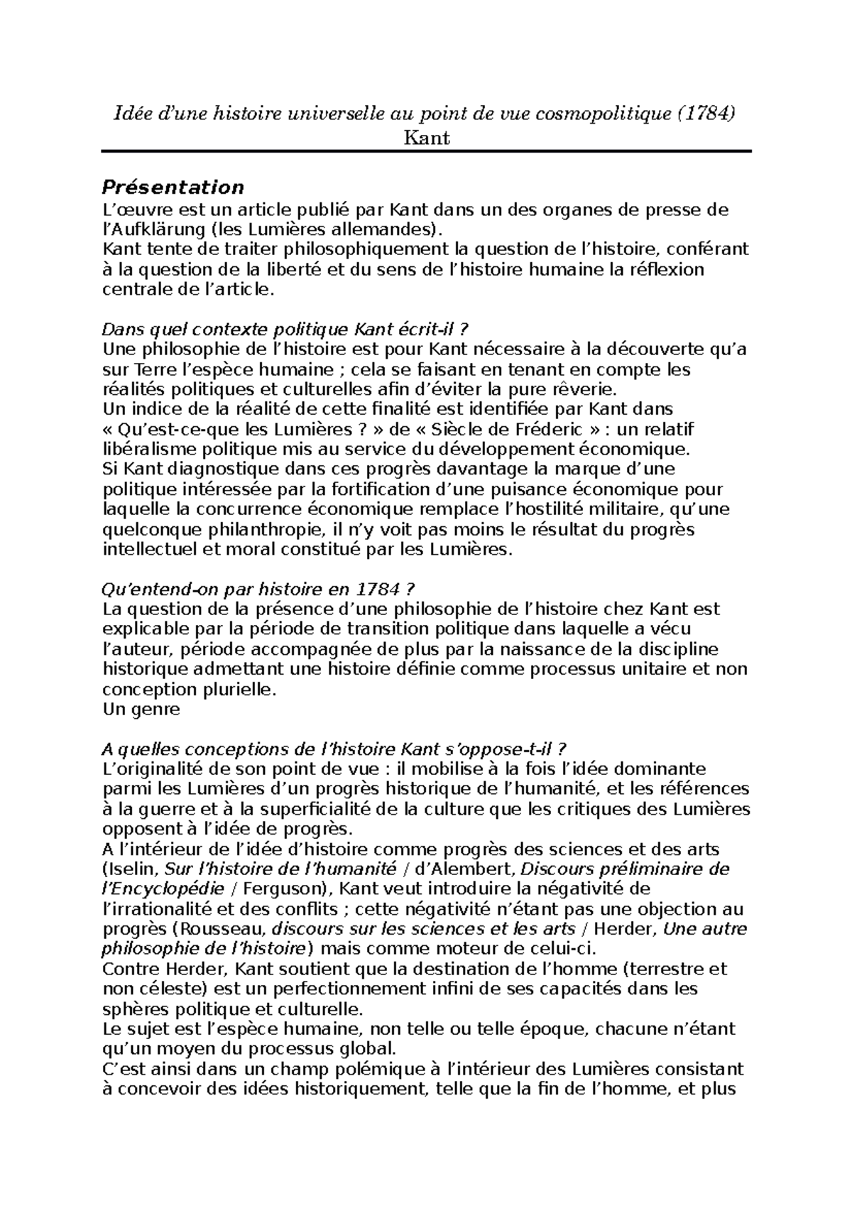 Idée D Une Histoire Universelle Au Point De Vue Cosmopolitique