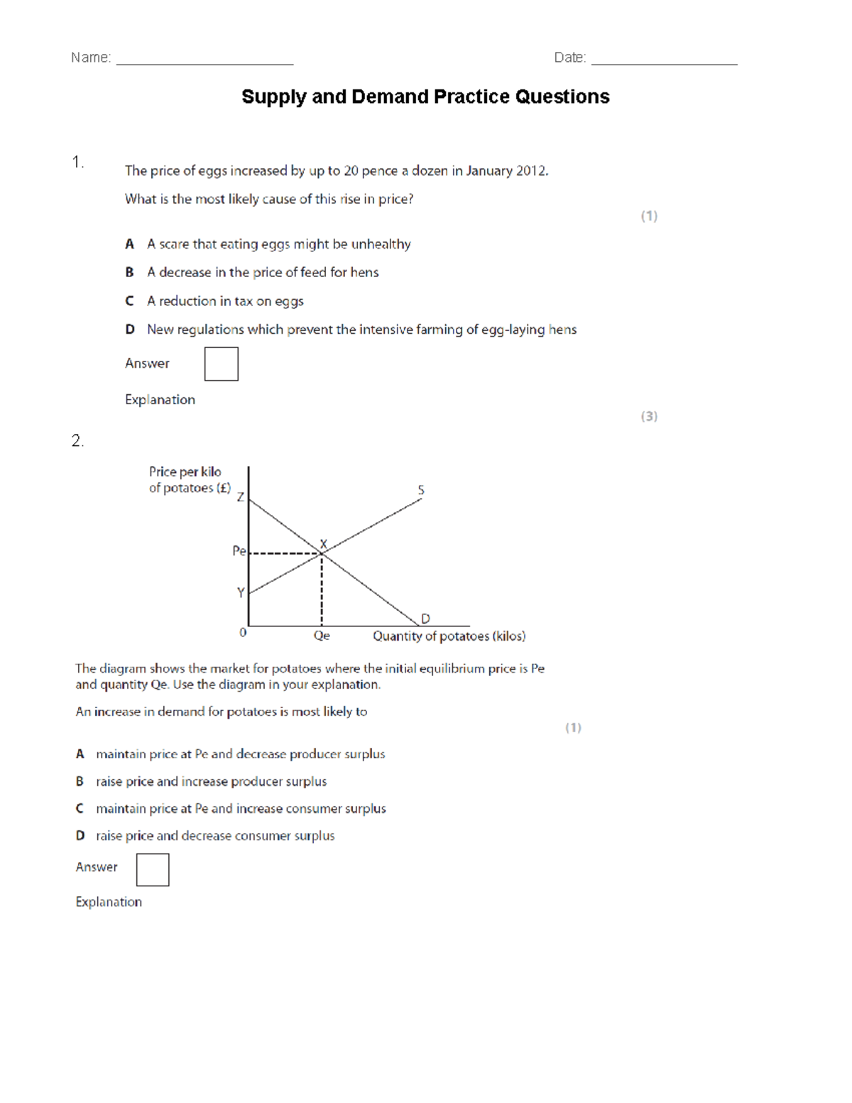 30. Supply and Demand Practice Questions Name