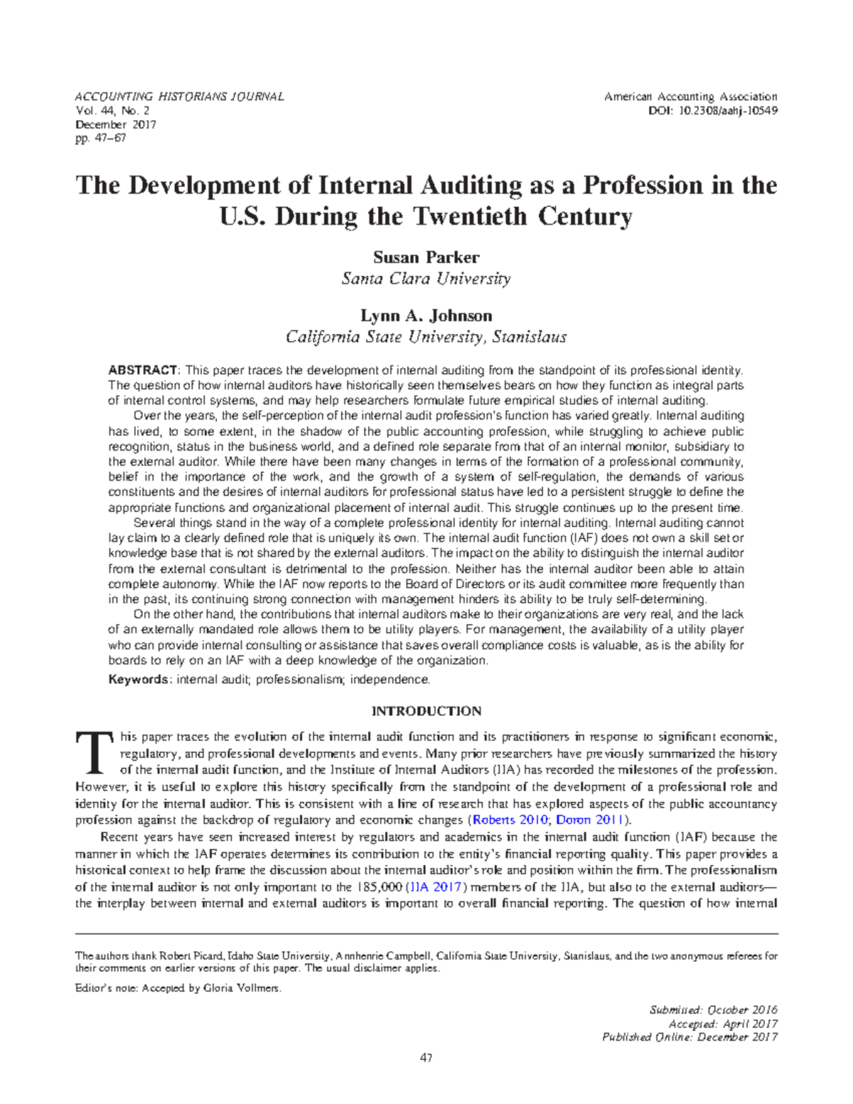 Content Server Article on internal auditing history ACCOUNTING