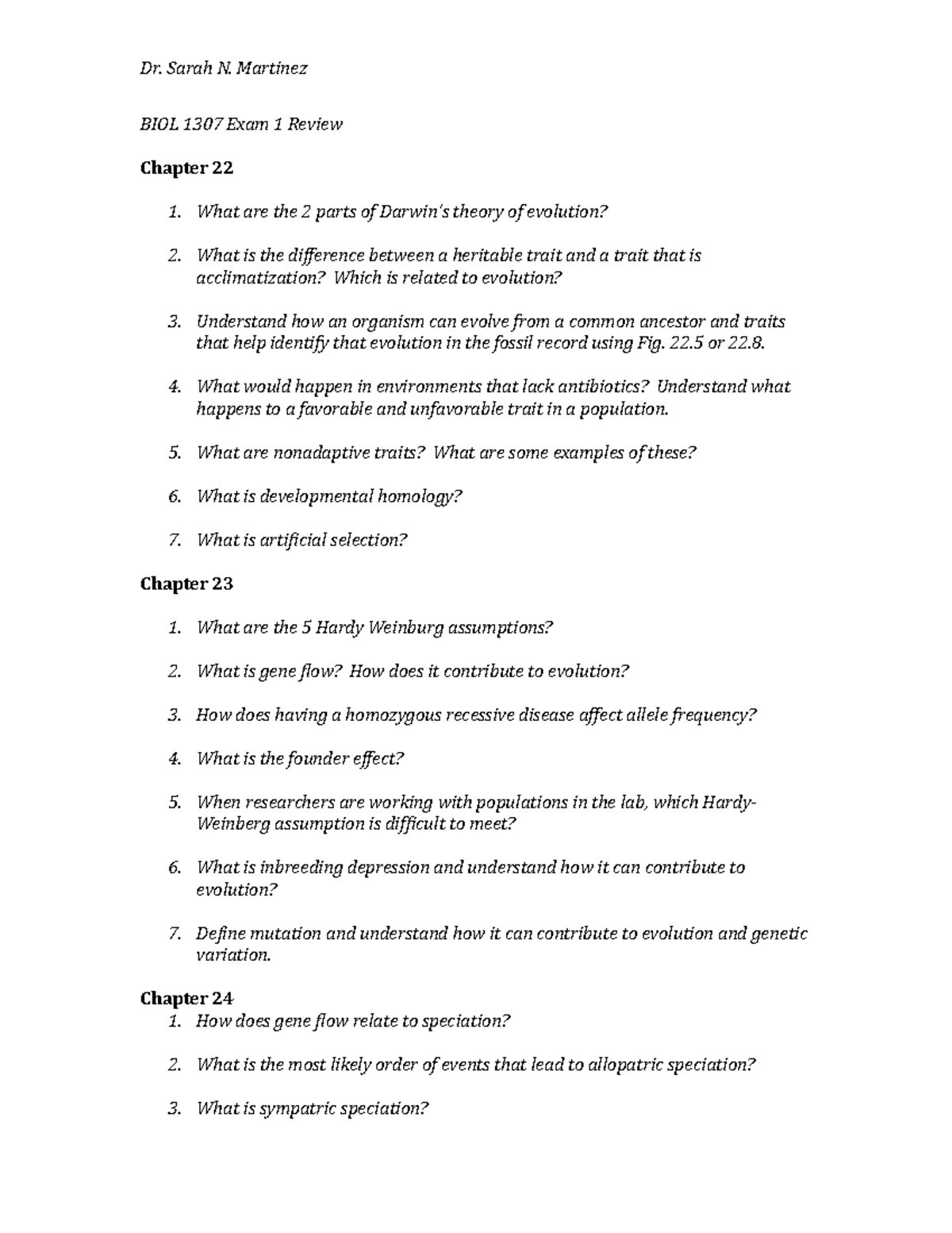 Biol 1307 Exam 1 Review - Study Material For Exam 1 - Dr. Sarah N 