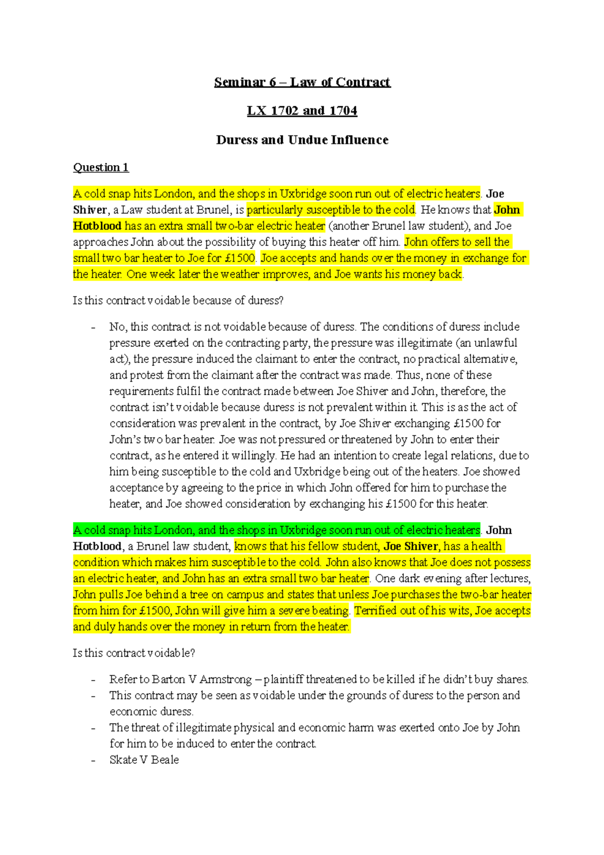 Seminar 6 Duress and Undue Influence - Seminar 6 – Law of Contract LX ...