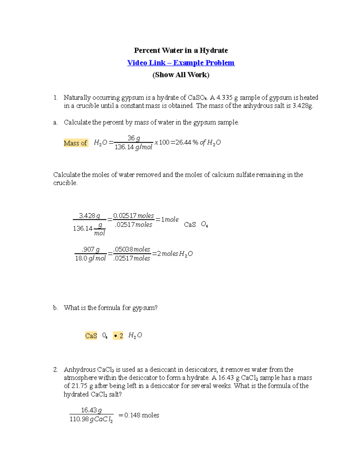 Percent water lab for chemistry Percent Water in a Hydrate Video