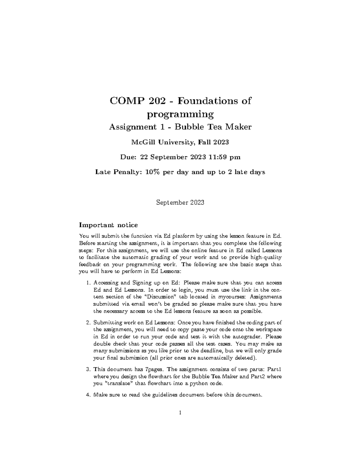 COMP202 Fall 23 A1 - COMP 202 - Foundations of programming Assignment 1 ...