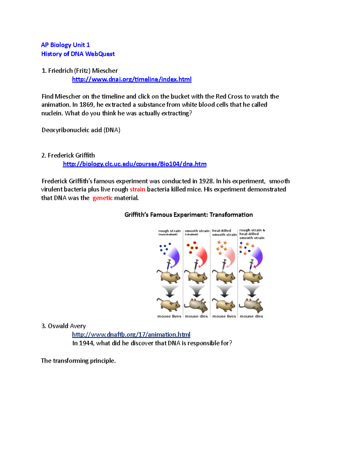 History Of Dna Webquest AP Biology Unit 1 History Of DNA WebQuest 