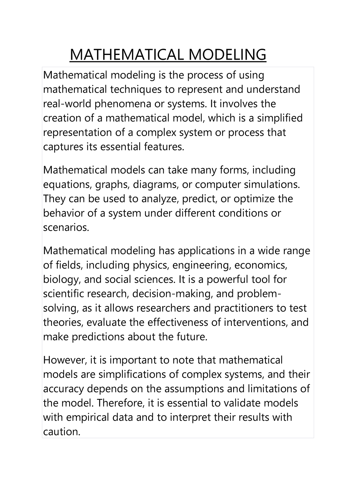 mathematical modeling essay