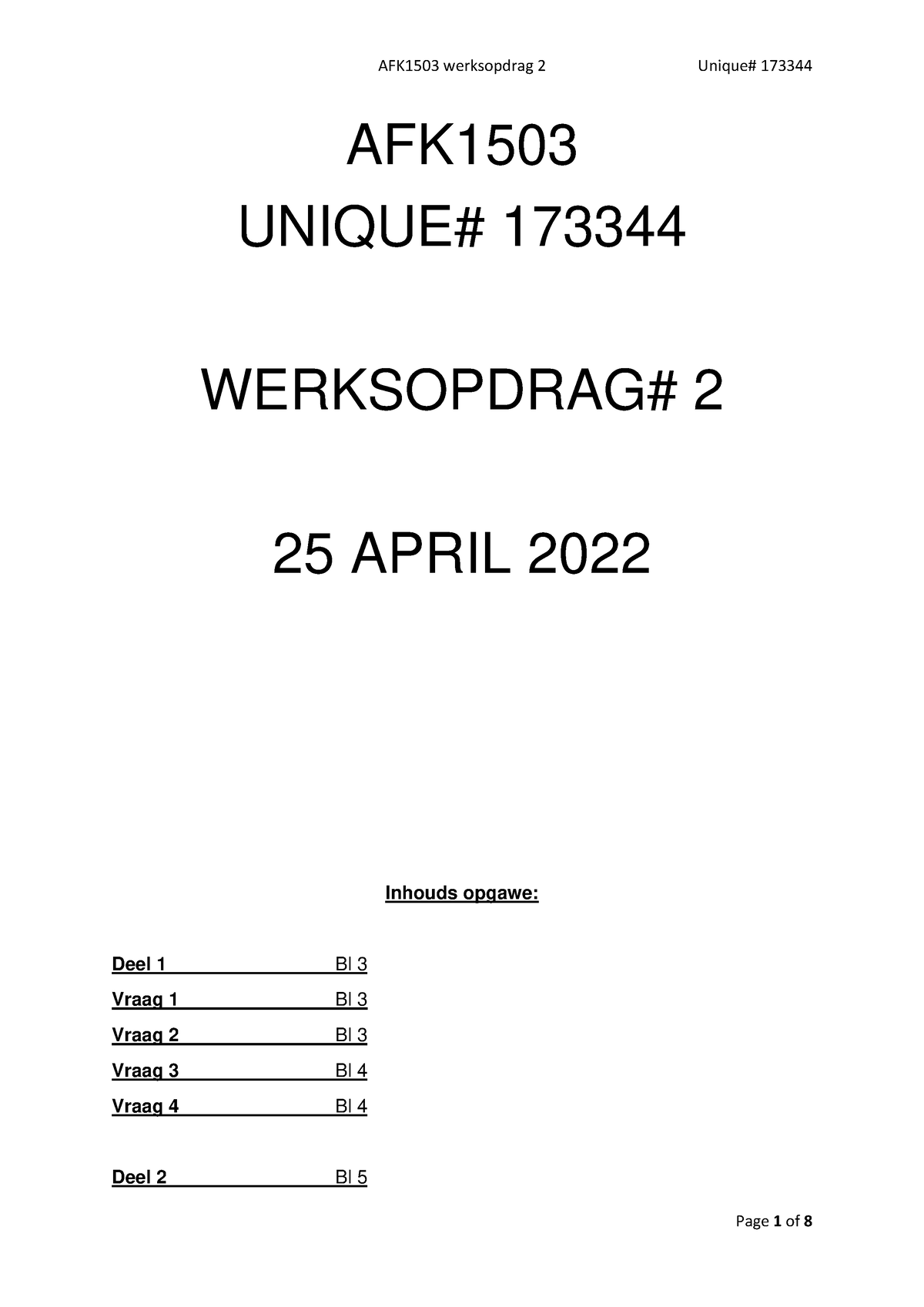 AFK1503 Werksopdrag 2 - Inhouds Opgawe: - AFK - UNIQUE# WERKSOPDRAG ...