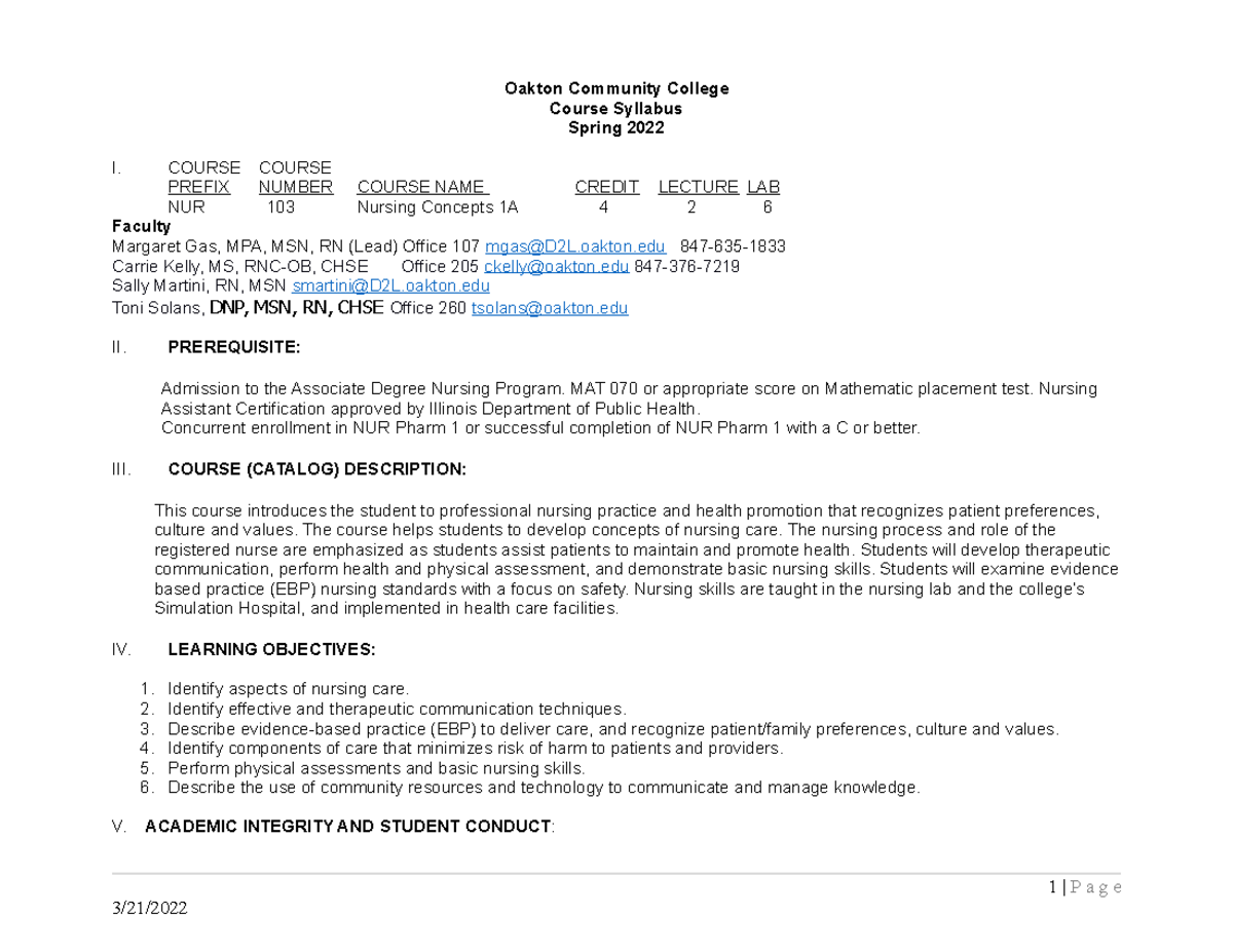 Nur 103 Syllabus - Notes - Oakton Community College Course Syllabus Spring  2022 I. Course Course - Studocu