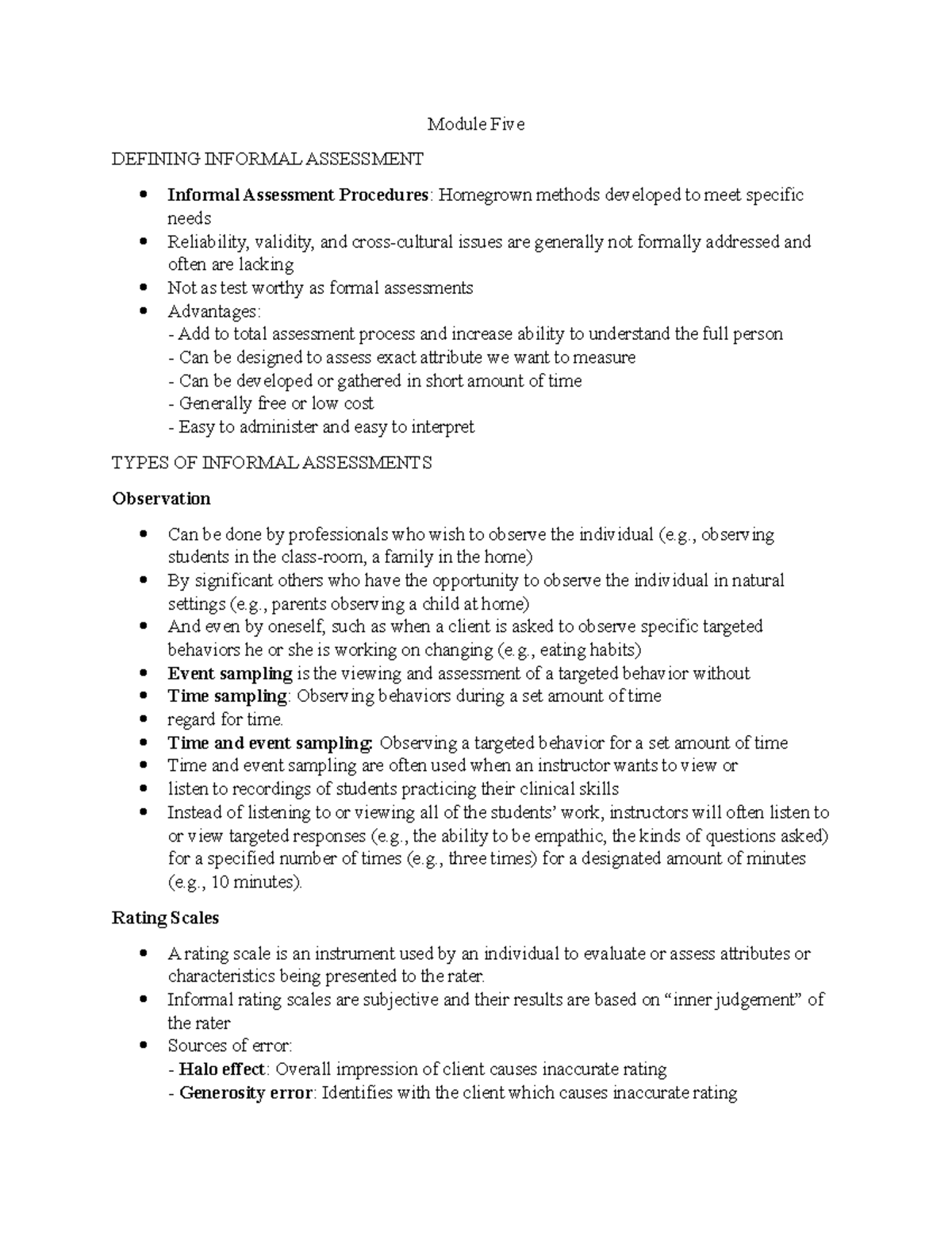 Module Five Summary - Module Five DEFINING INFORMAL ASSESSMENT Informal ...