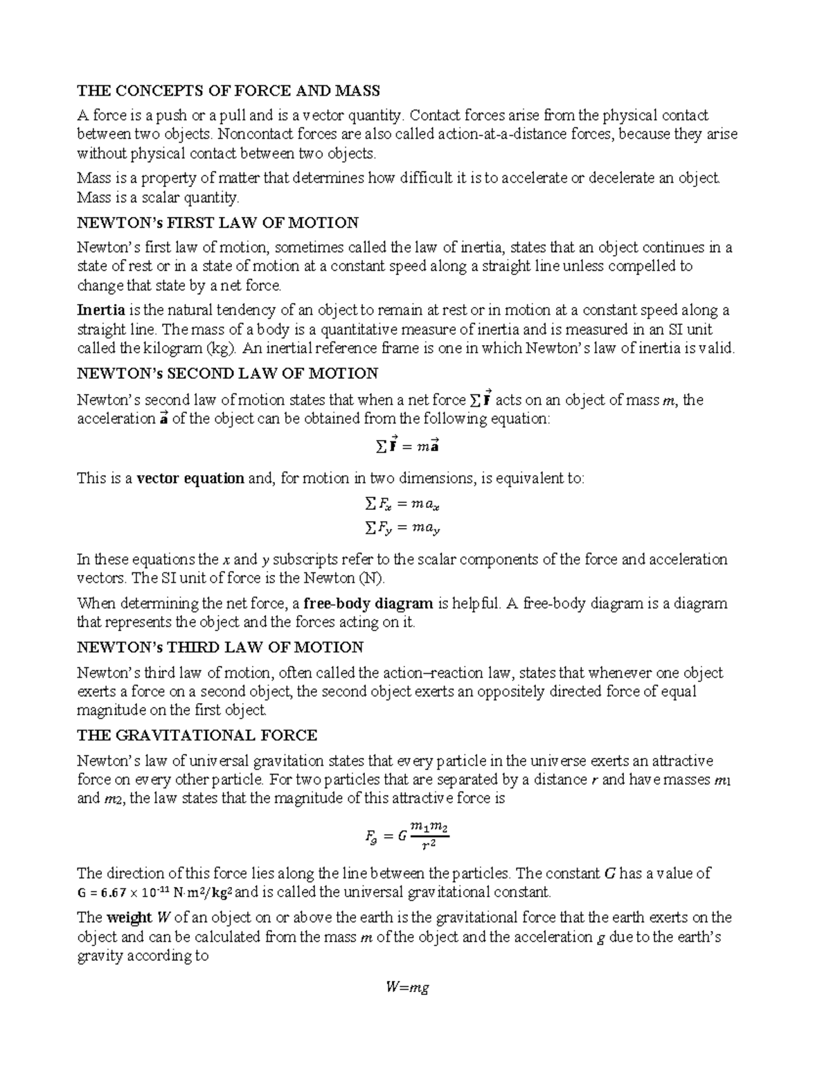 3 Newton's Laws of Motion - THE CONCEPTS OF FORCE AND MASS A force is a ...