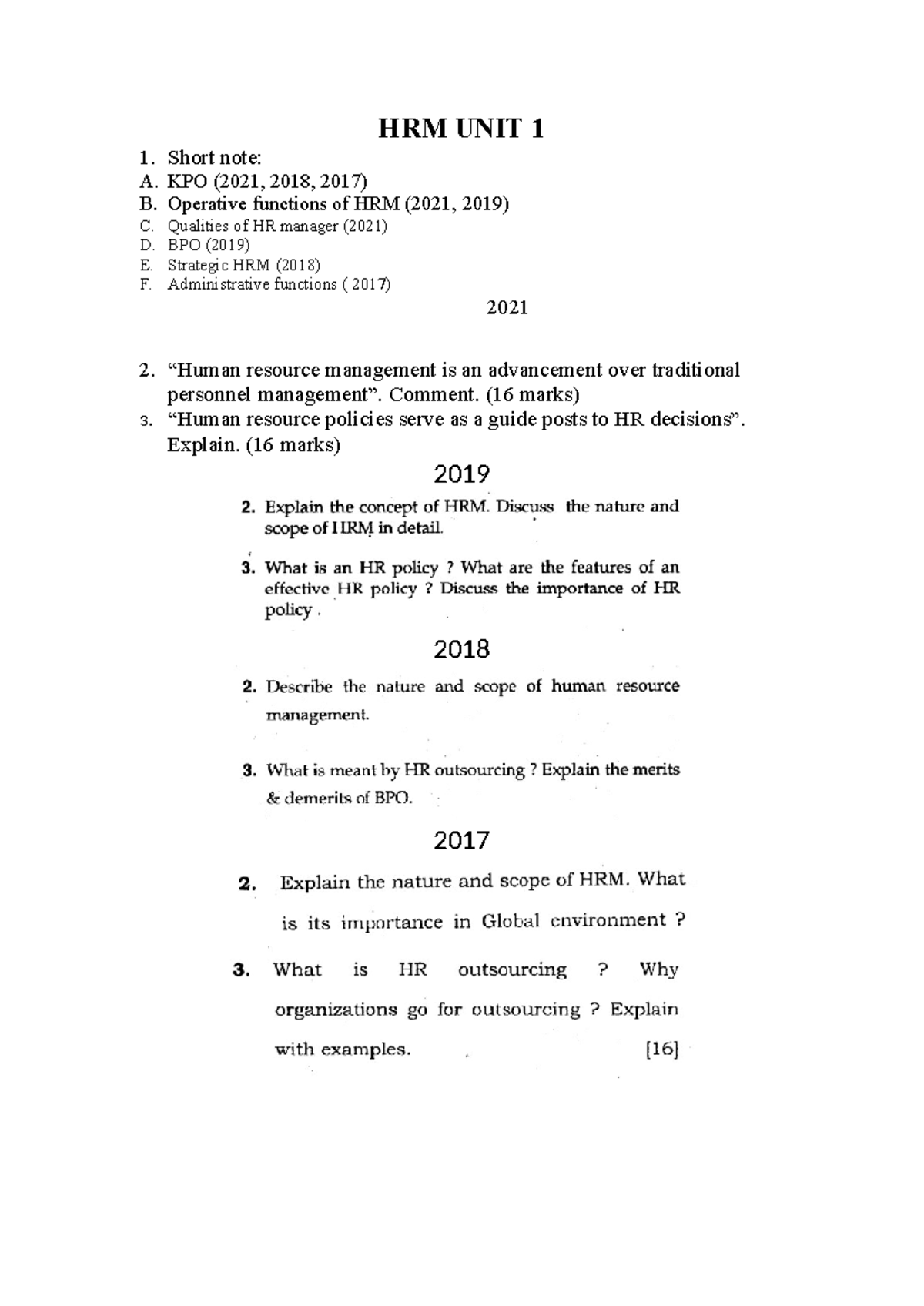 IMP QUES HRM UNIT WISE PREV YR QUES - HRM UNIT 1 Short note: A. KPO ...