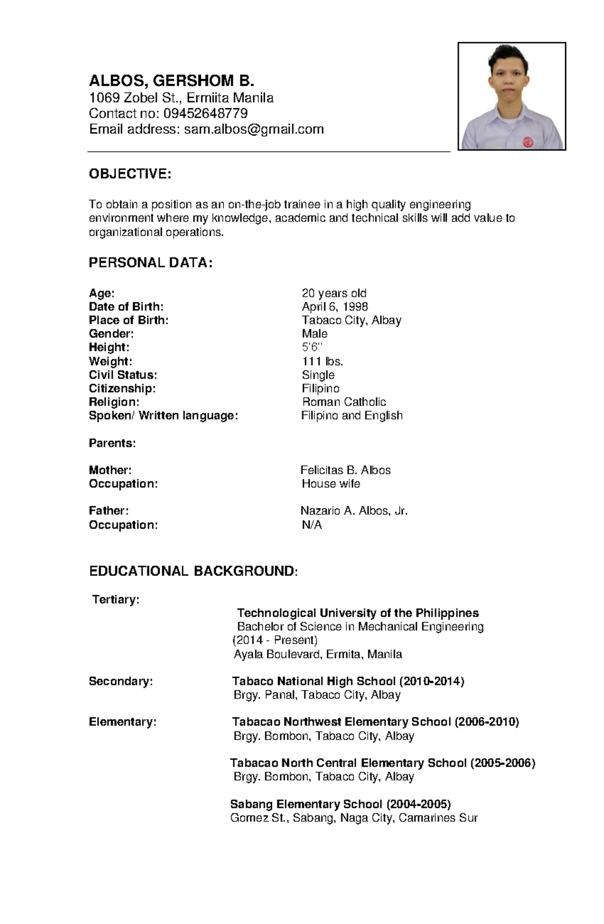 Resume- Final - ALBOS, GERSHOM B. 1069 Zobel St., Ermiita Manila ...