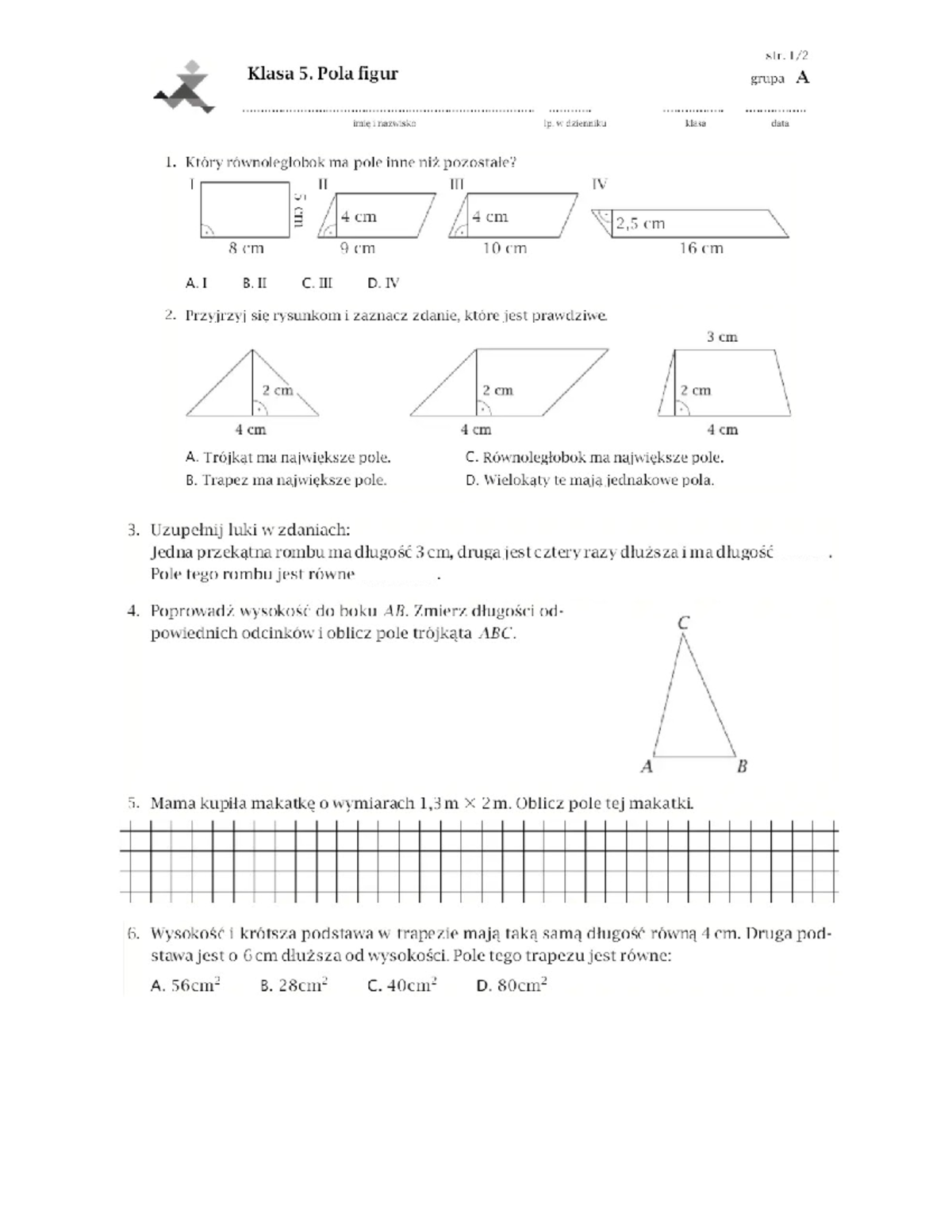 Sprawdzian Kals A1 Gimnazjum Matematyka Pola Figur www.studocu.com