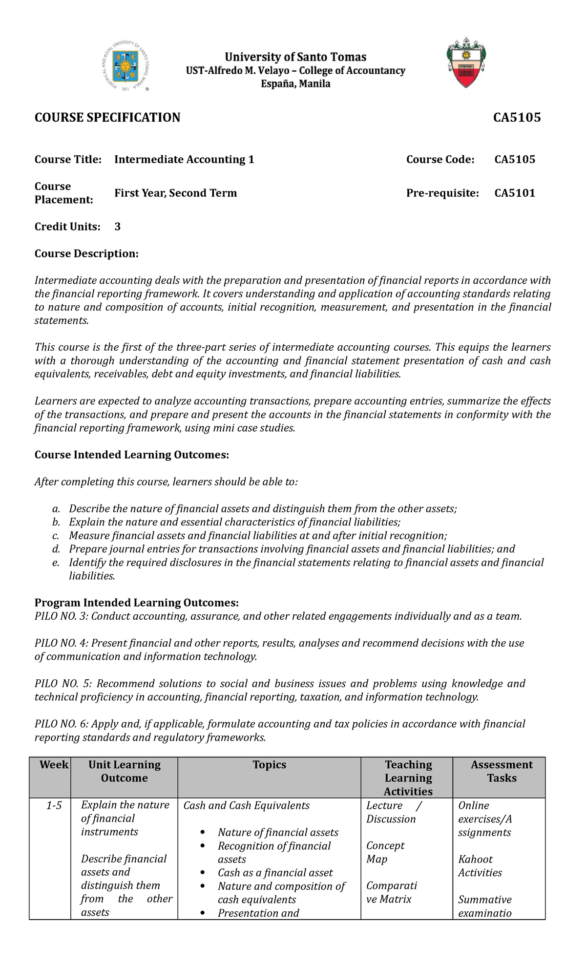 CA5105 - Course PLAN - Course Title: Intermediate Accounting 1 Course ...