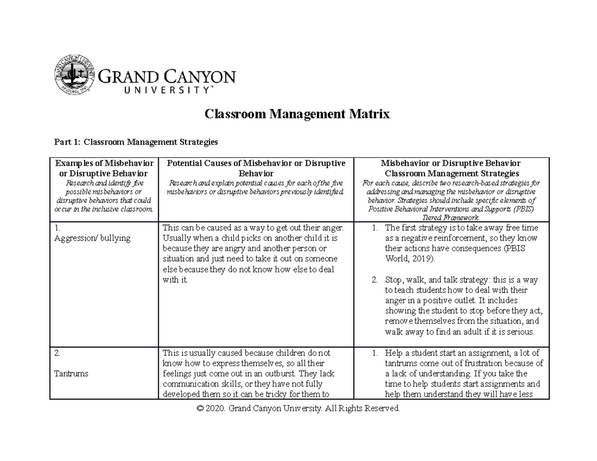 Classroom Management Matrix worksheet for Classroom Management Matrix