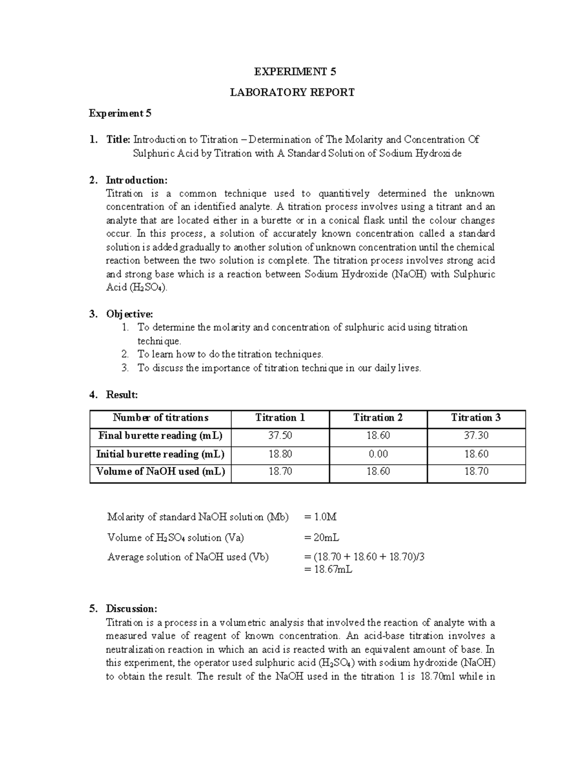 CHM138 Determination of The Molarity and Concentration Of Sulphuric Acid by Titration Studocu