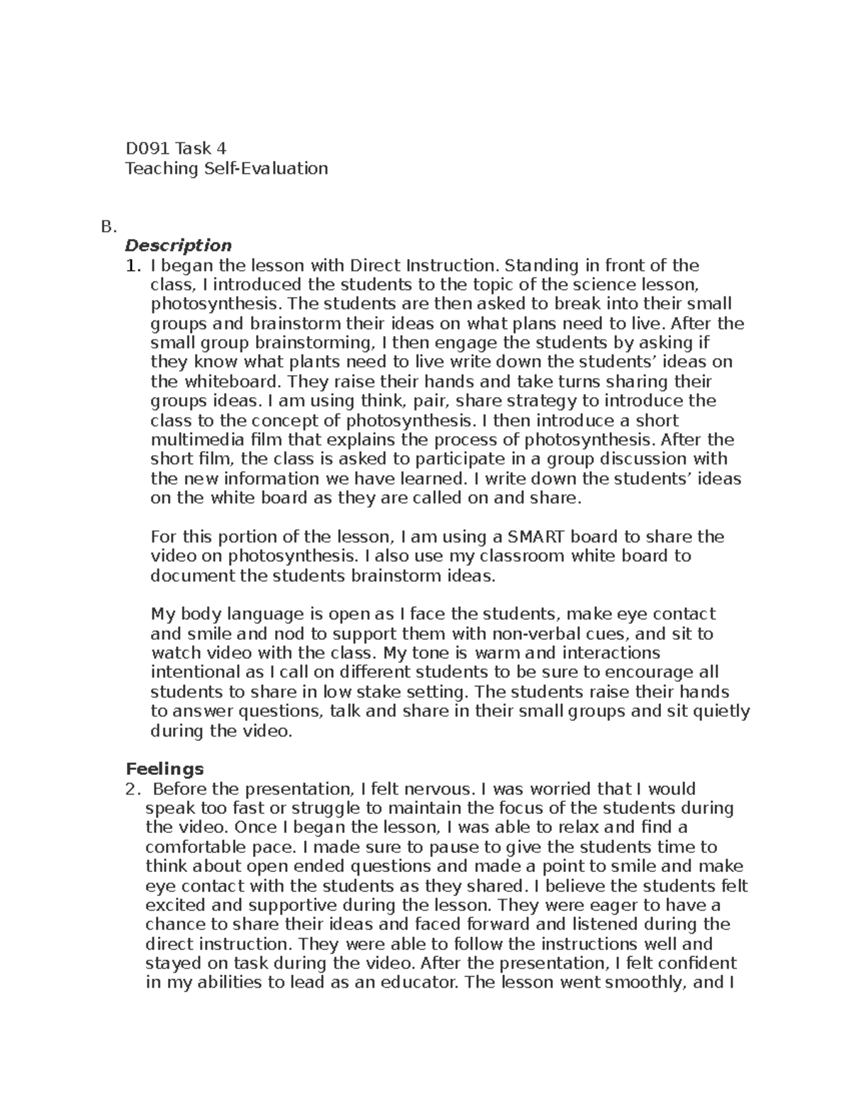 D091 Task 4 Un - Task 4 - D091 Task 4 Teaching Self-Evaluation B ...