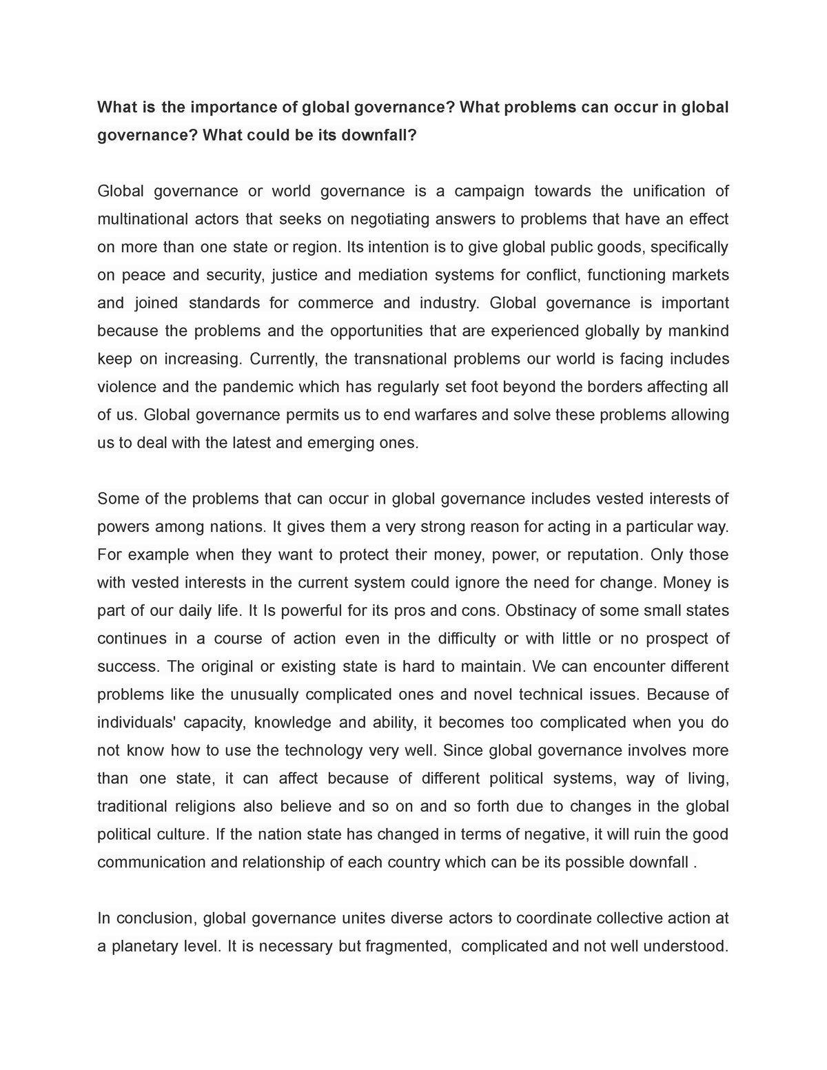 importance of global governance essay