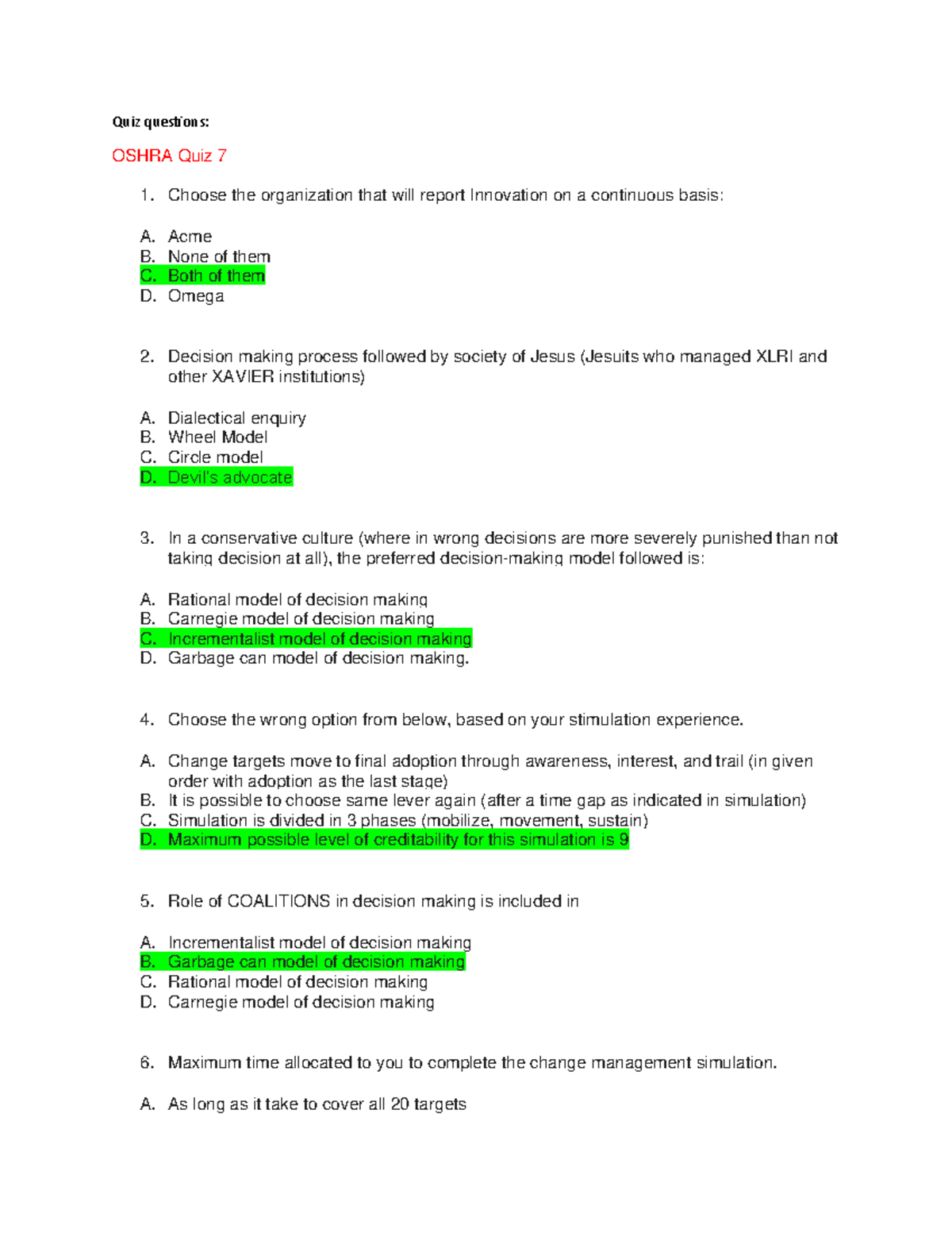Organisational Structure and HR Alignment Quiz questions updated 19 Aug