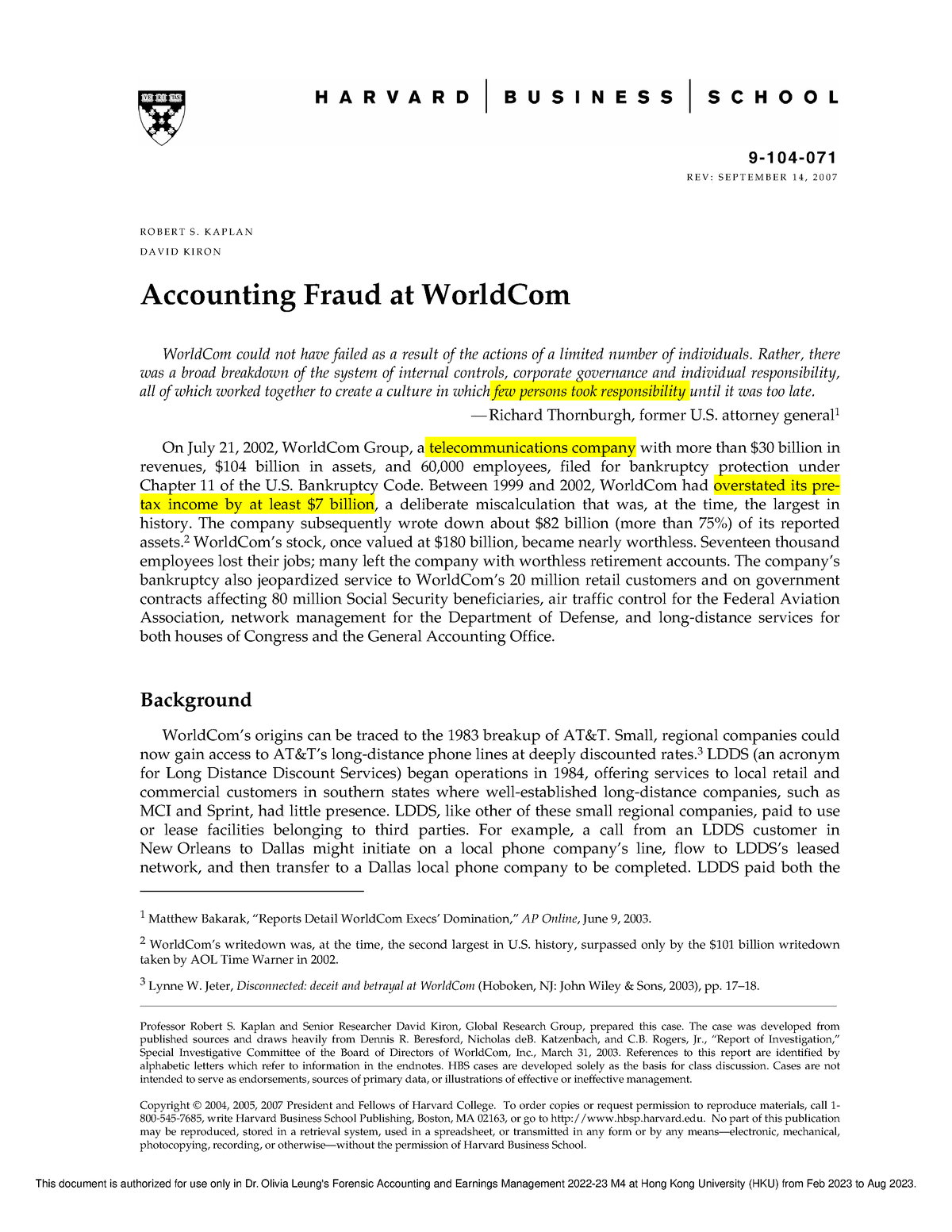 Accounting Fraud At World Com Moodle Feb23 - 9 - 1 0 4 - 0 7 1 R E V ...