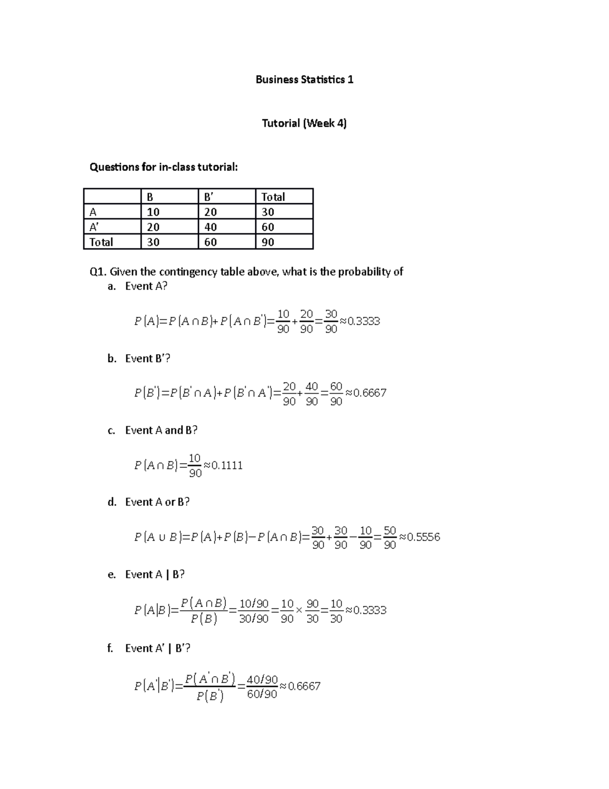 W4 Tutorial - Solutions - Business Statistics 1 Tutorial (Week 4 ...