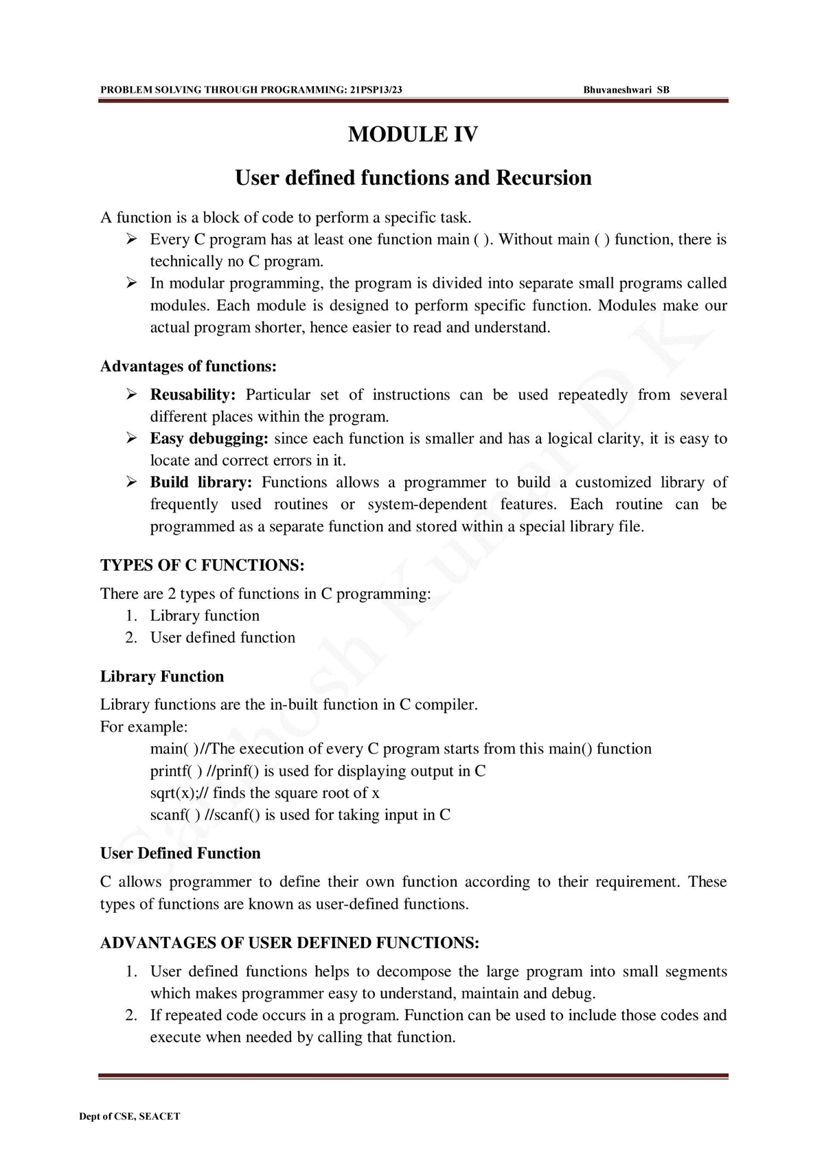 PSP Module IV Students reference notes c programming .vtu prescribed syllabus covered Studocu