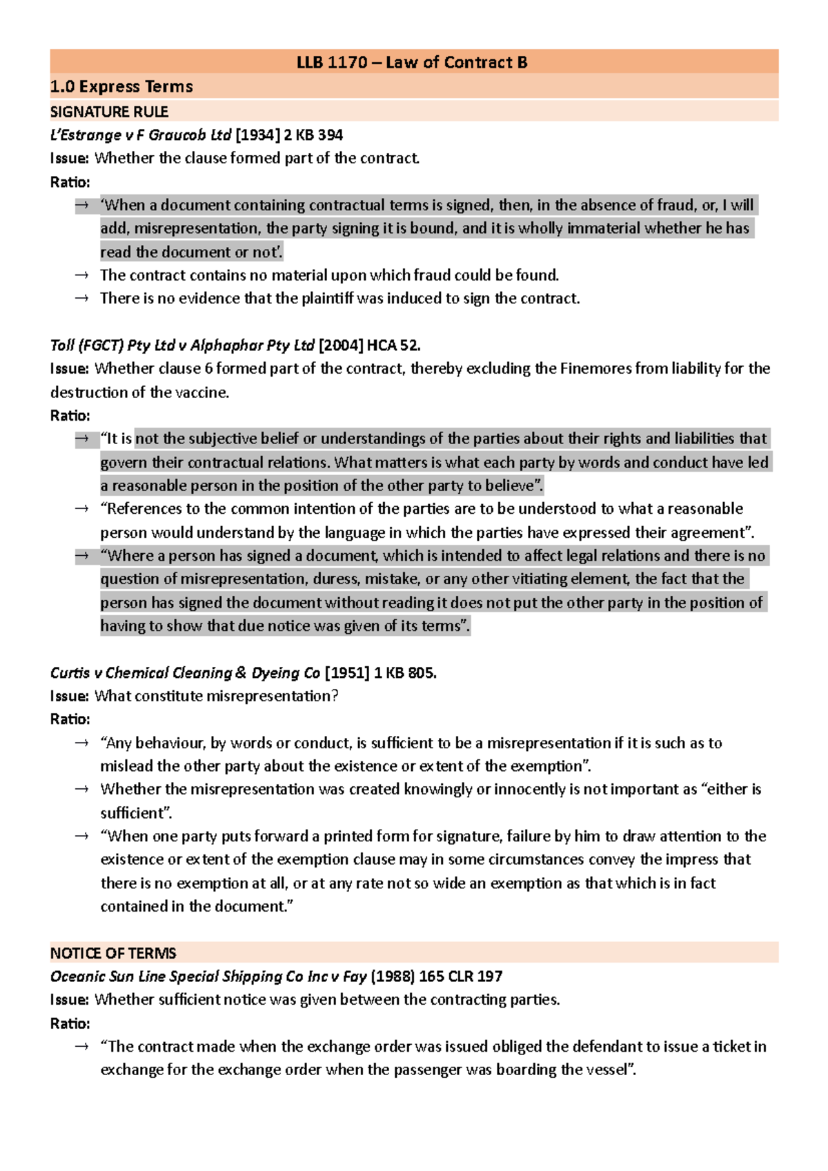 LLB1170 EXAM Notes - LLB 1170 – Law Of Contract B 1 Express Terms ...