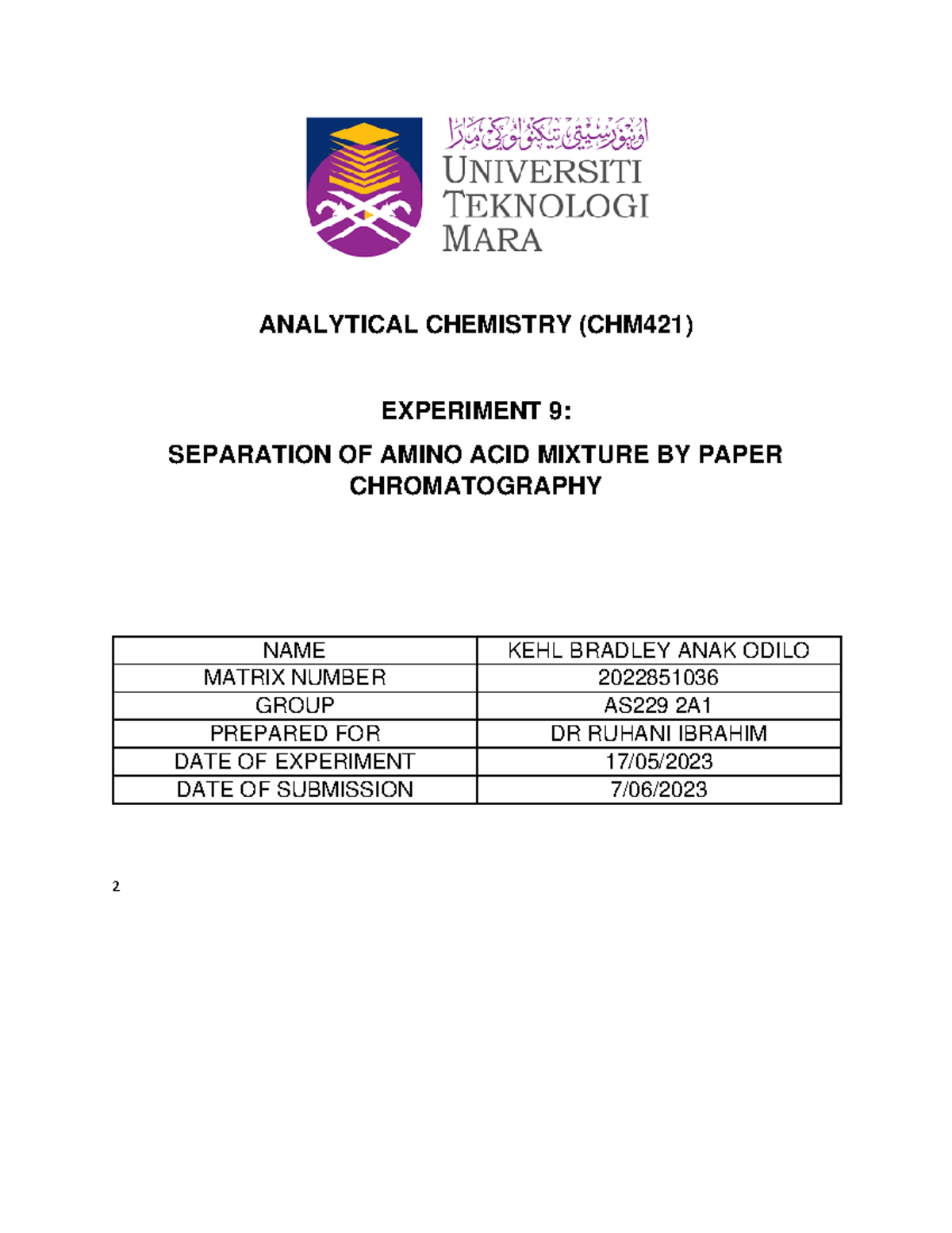 Chm421 Lab Report 9 - ANALYTICAL CHEMISTRY (CHM421) EXPERIMENT 9 ...