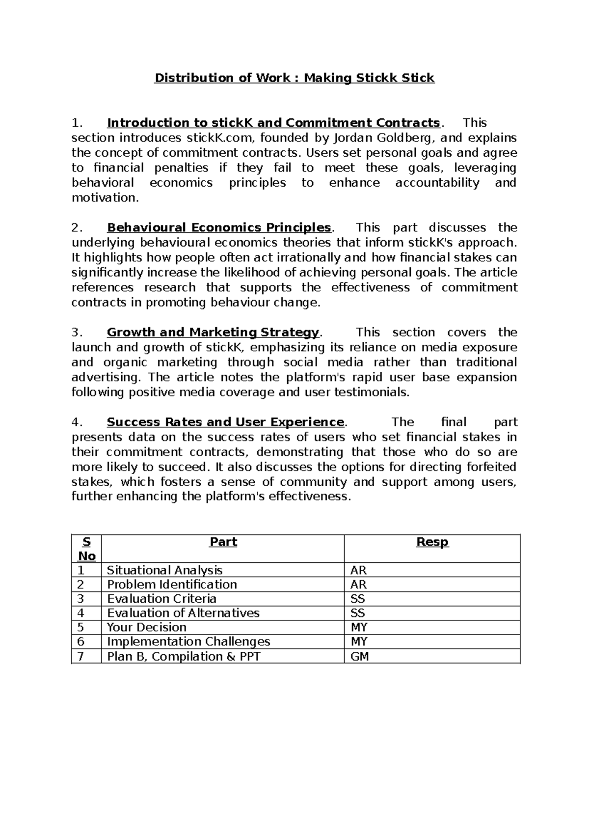 Disrtibution of Wk Making Stickk stick Distribution of Work Making