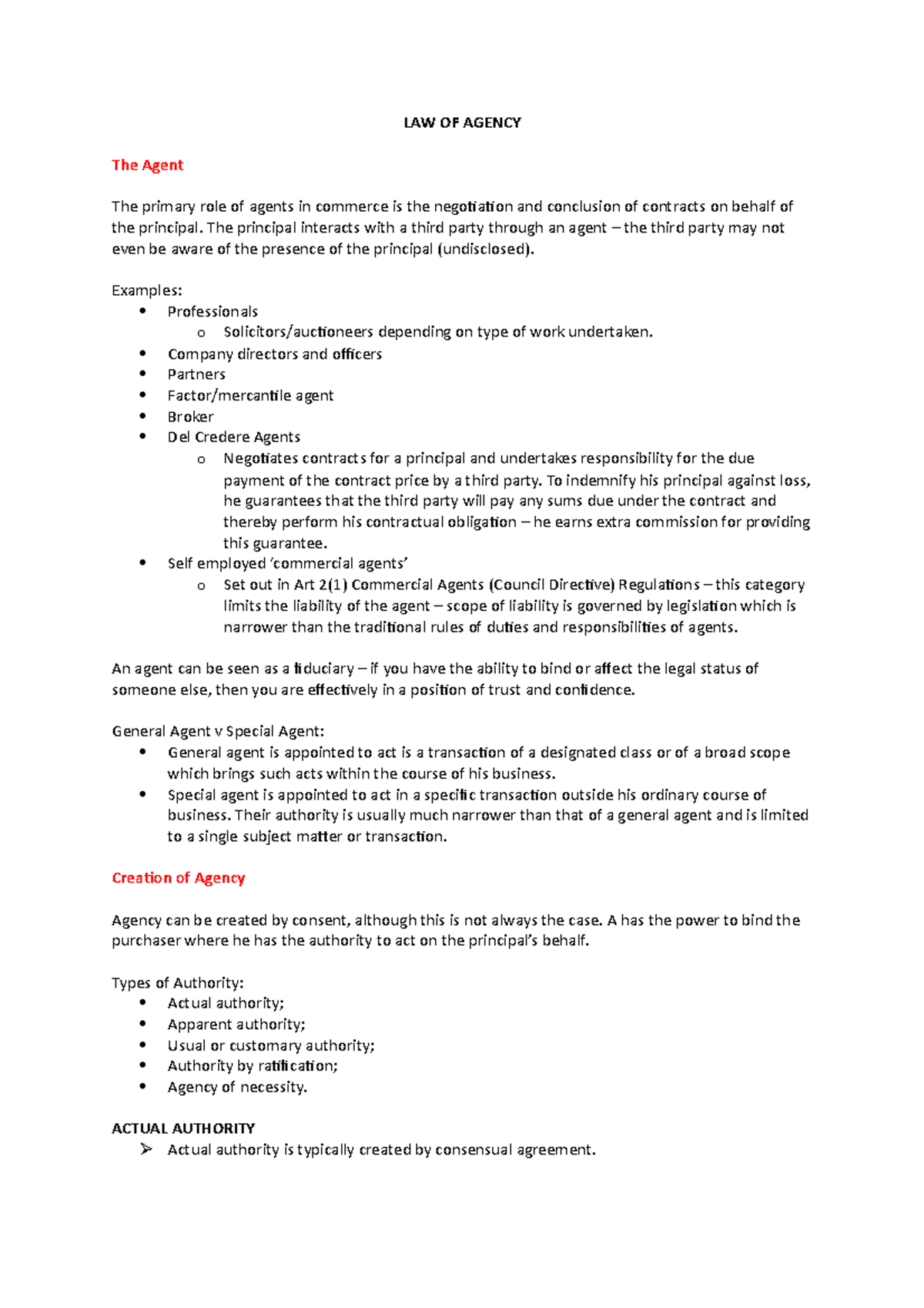 Law of Agency Lecture Notes - LAW OF AGENCY The Agent The primary role ...