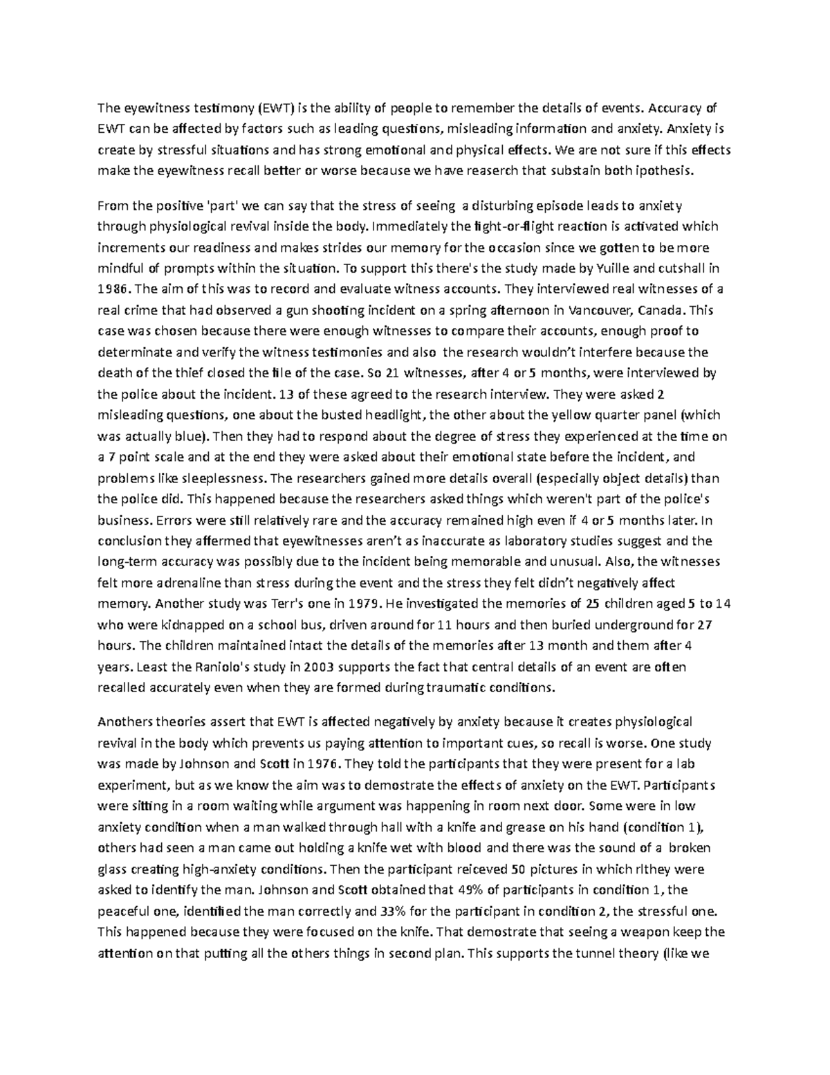 Anxiety effects on ETW -WPS Office - The eyewitness testimony (EWT) is ...