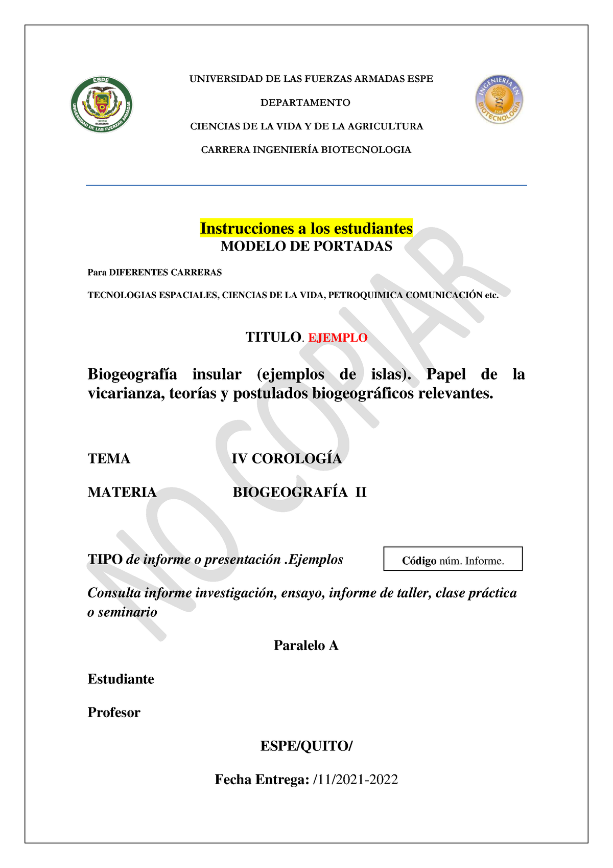 Portadas Ensayo Informes BIO 2022 MCR - UNIVERSIDAD DE LAS FUERZAS ARMADAS  ESPE DEPARTAMENTO - Studocu