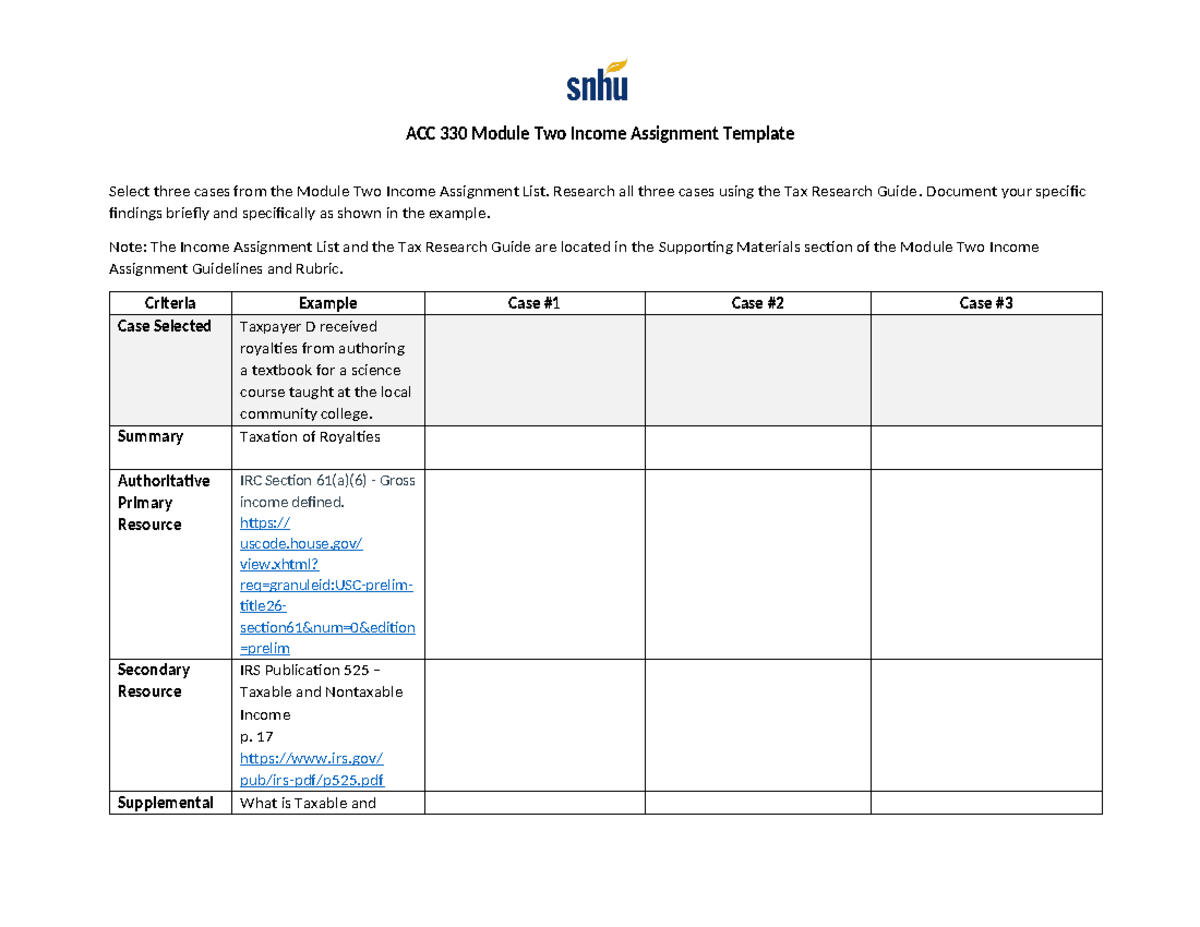 Acc 330 Module Two Income Assignment Template Acc 330 Module Two Income Assignment Template 3482