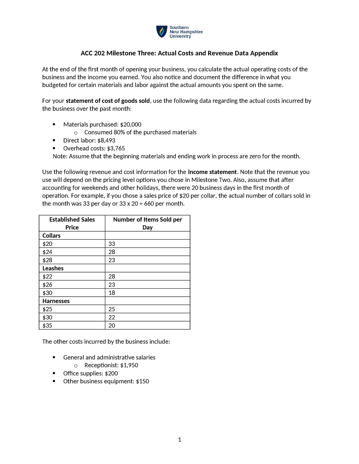 ACC 202 Milestone Three Actual Costs and Revenue Data Appendix - You ...