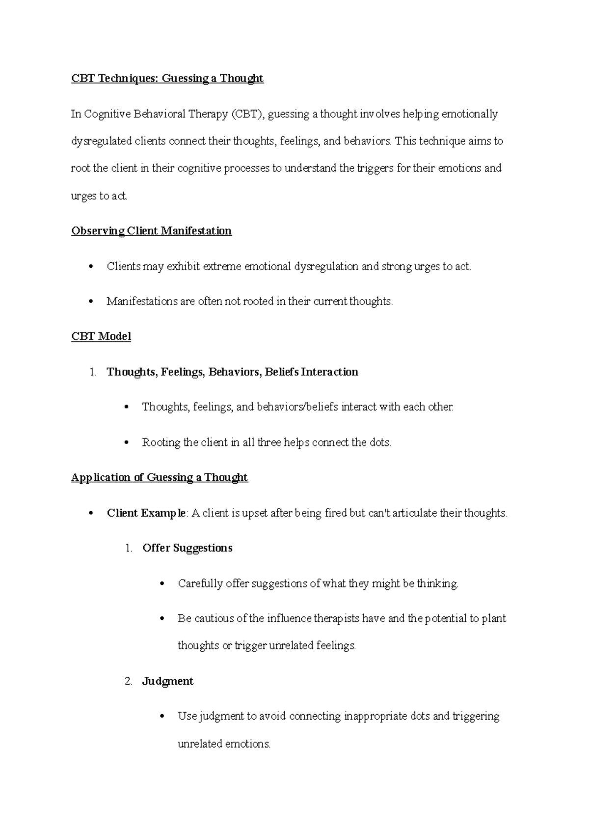 CBT Techniques notes - CBT Techniques: Guessing a Thought In Cognitive ...