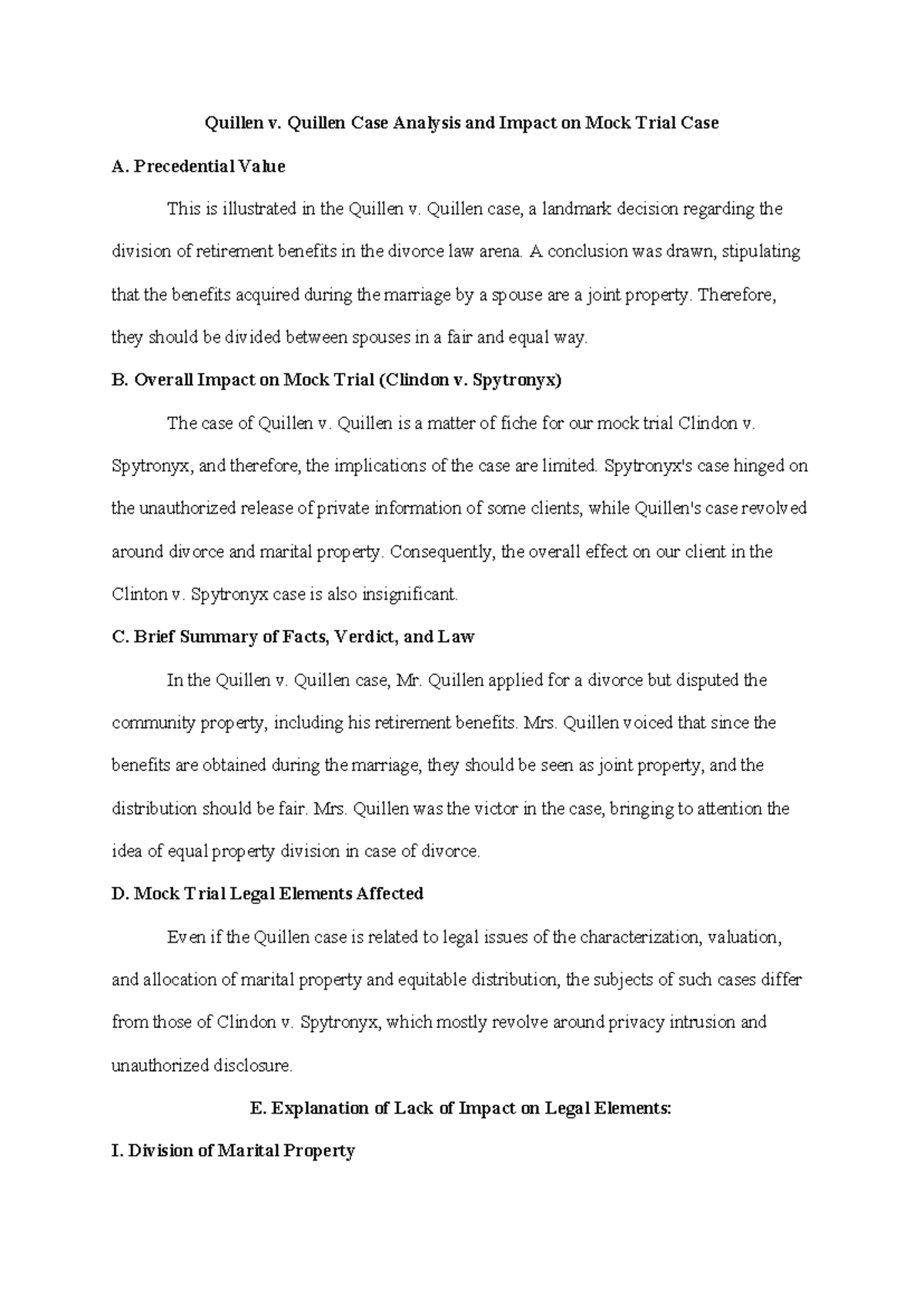 Quillen v. Quillen Case Analysis and Impact on Mock Trial Case ...
