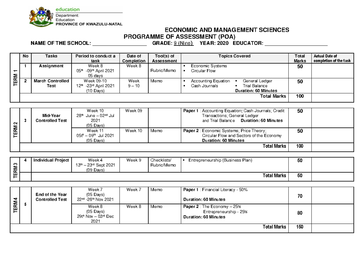 2021 EMS Gr 9 POA Grade 9 EMS 2021 Assessment Plan ECONOMIC AND 