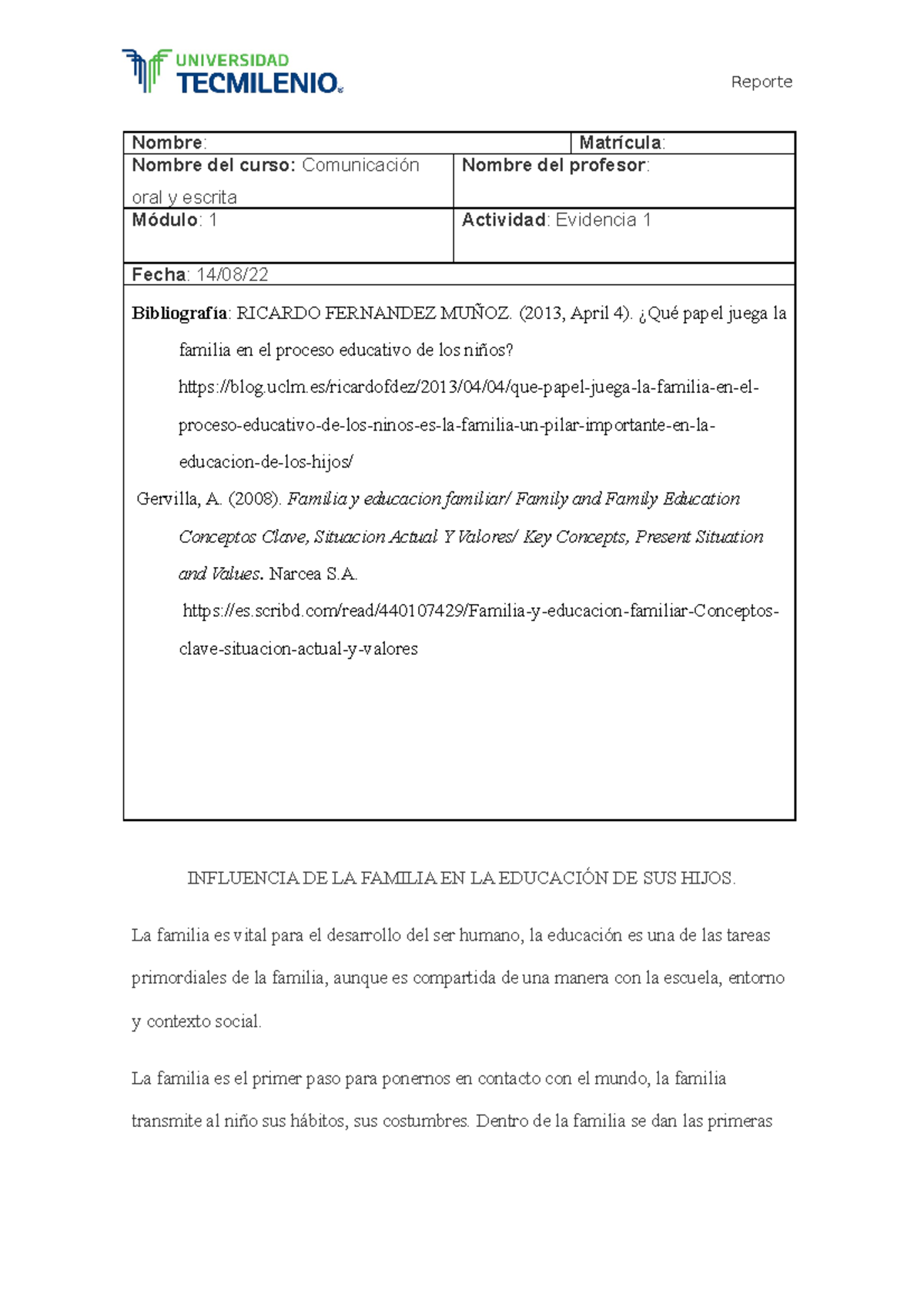 Evidencia 1 Comunicacion ORAL - Nombre: Matrícula: Nombre Del Curso ...