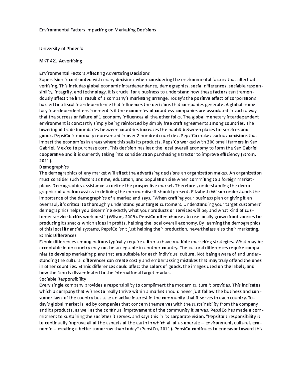 Mkt 421 Week 5 Individual 1 - Environmental Factors Impacting on ...