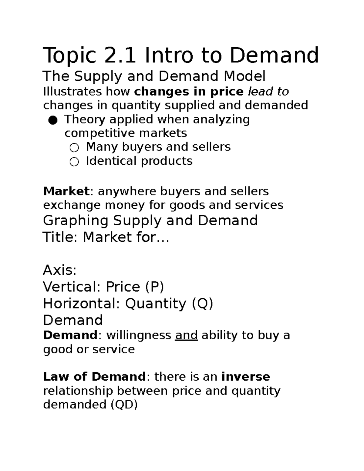 AP Microeconomics Topic 2 Intro to Demand The Supply and Demand Model