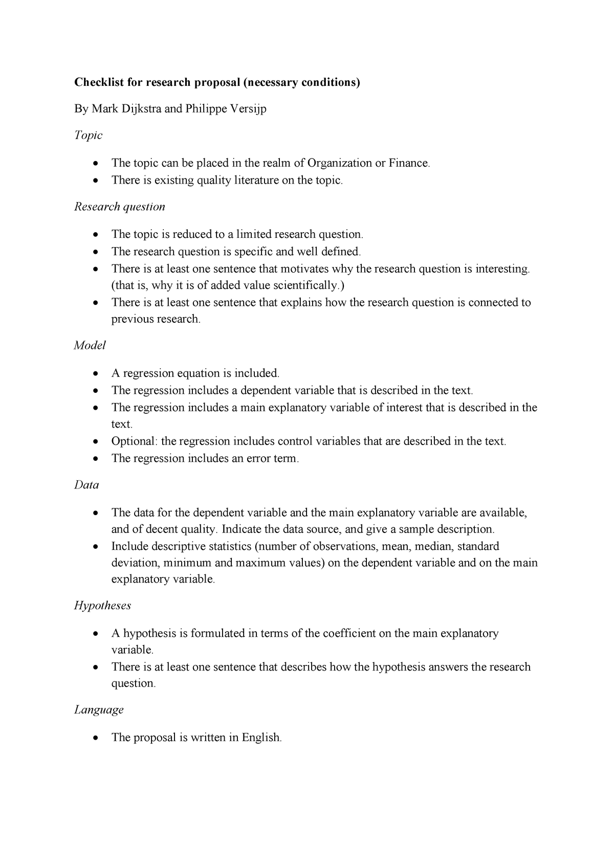 checklist for thesis