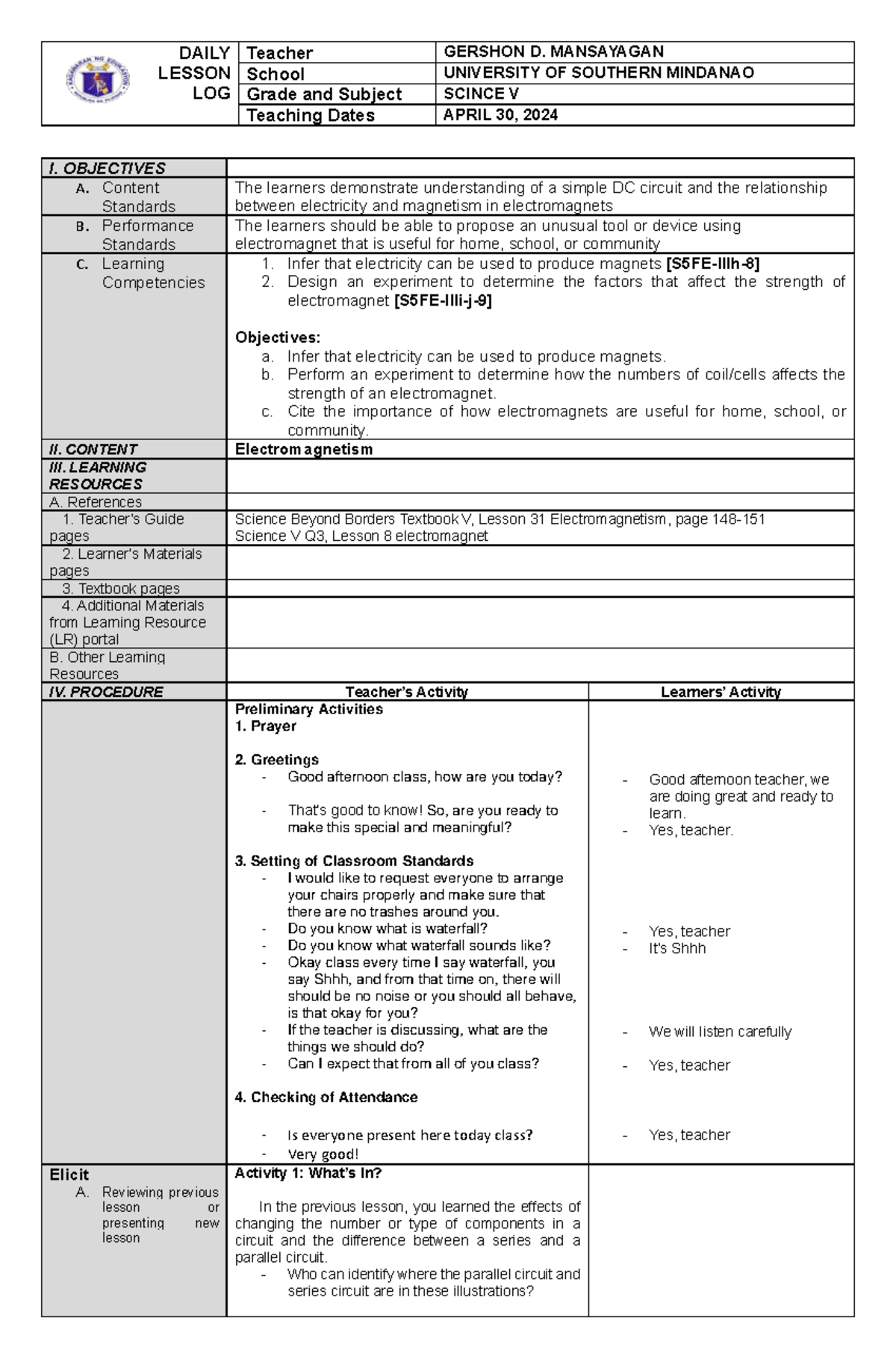 DLL Sciencev- Final 065640 - DAILY LESSON LOG Teacher GERSHON D ...