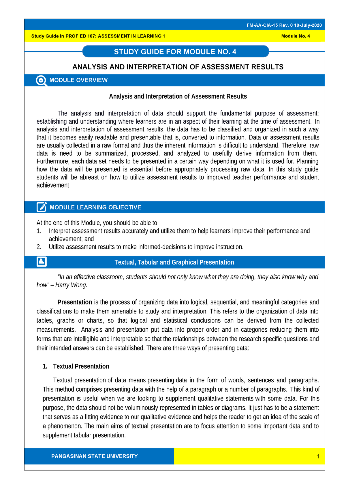 Study Guide Module 4 Prof Ed 107 Assessment In Learning 1 - Study Guide 